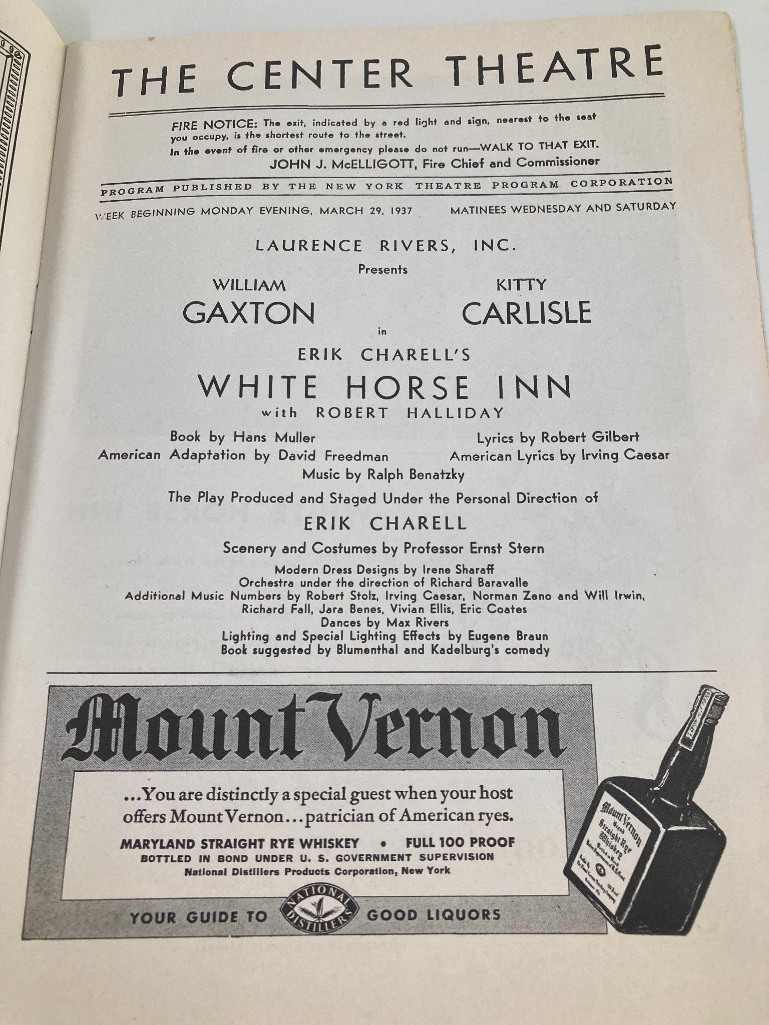 1937 The Center Theatre William Gaxton in White Horse Inn by Robert Halliday