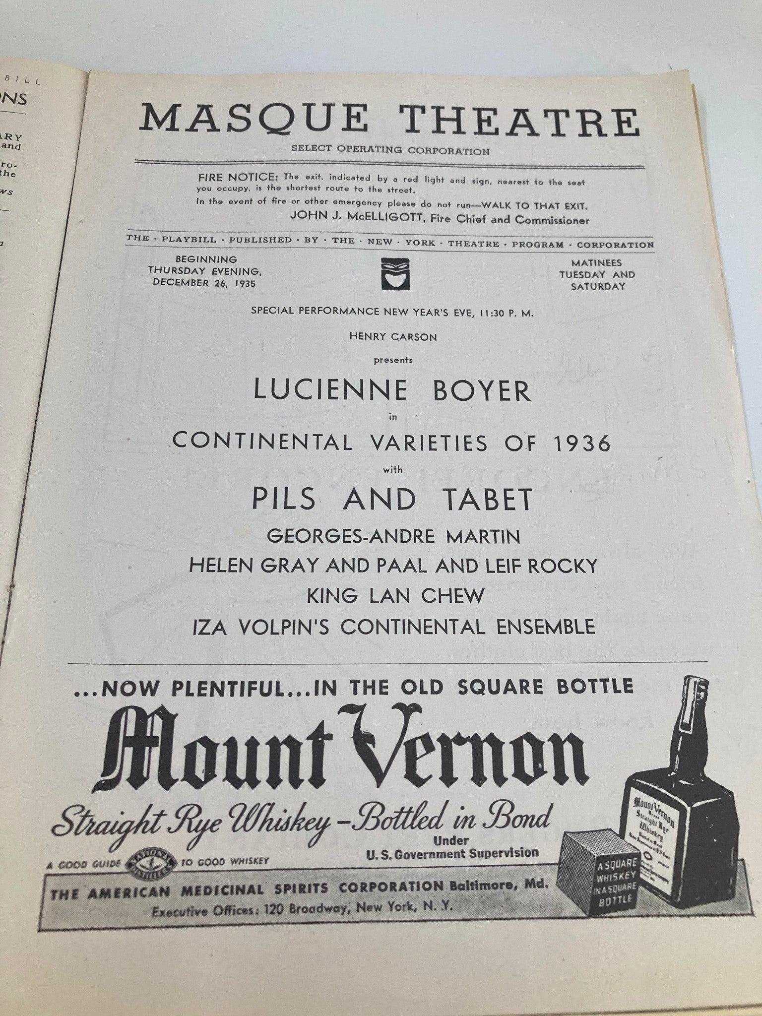 Inside page of the 1935 Masque Theatre Playbill, presenting Lucienne Boyer in Continental Varieties of 1936 with details about the performance and cast members.