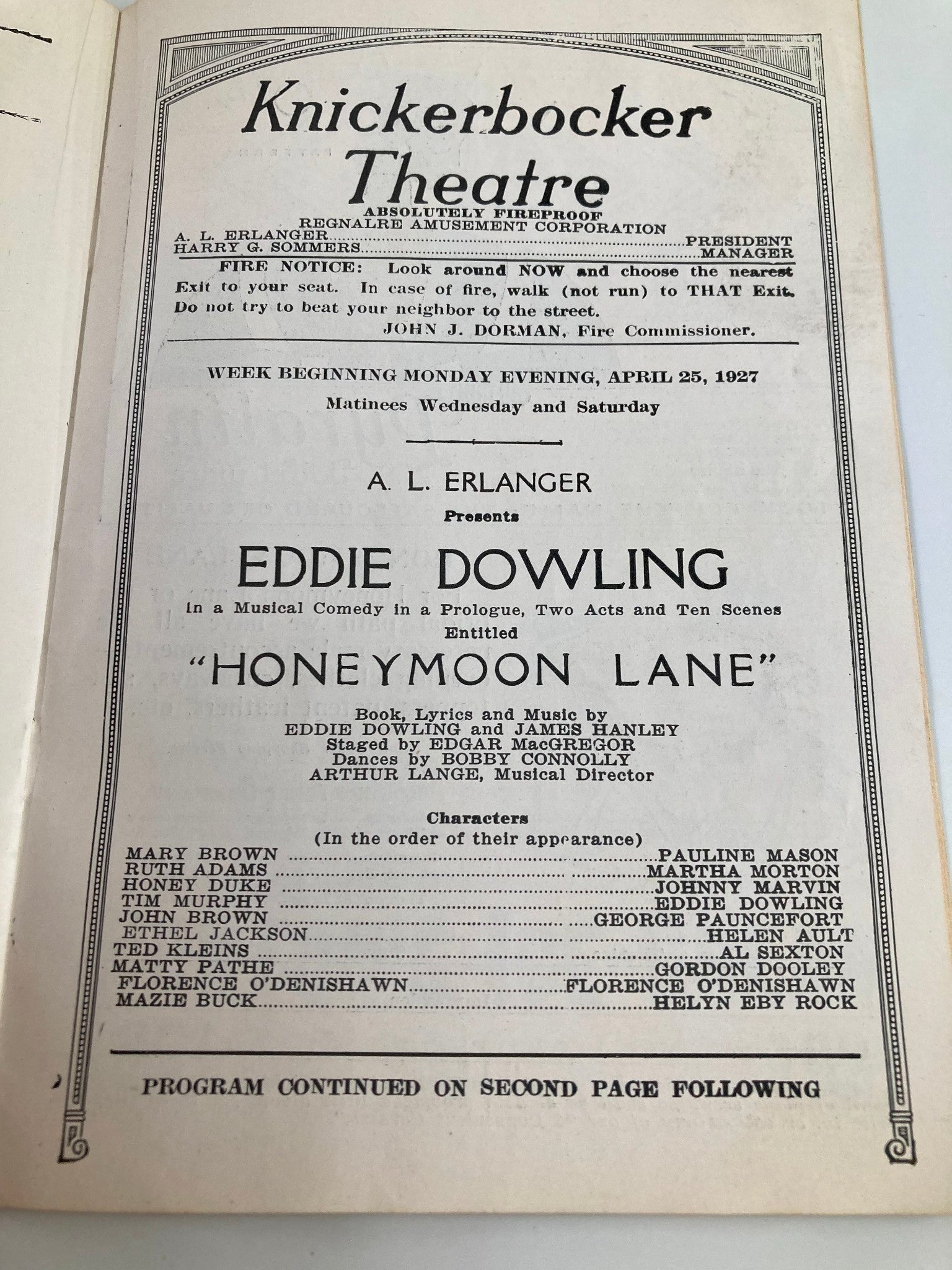 1927 Knickerbocker Theatre A.L. Erlanger Present Eddie Dowling's Honeymoon Lane