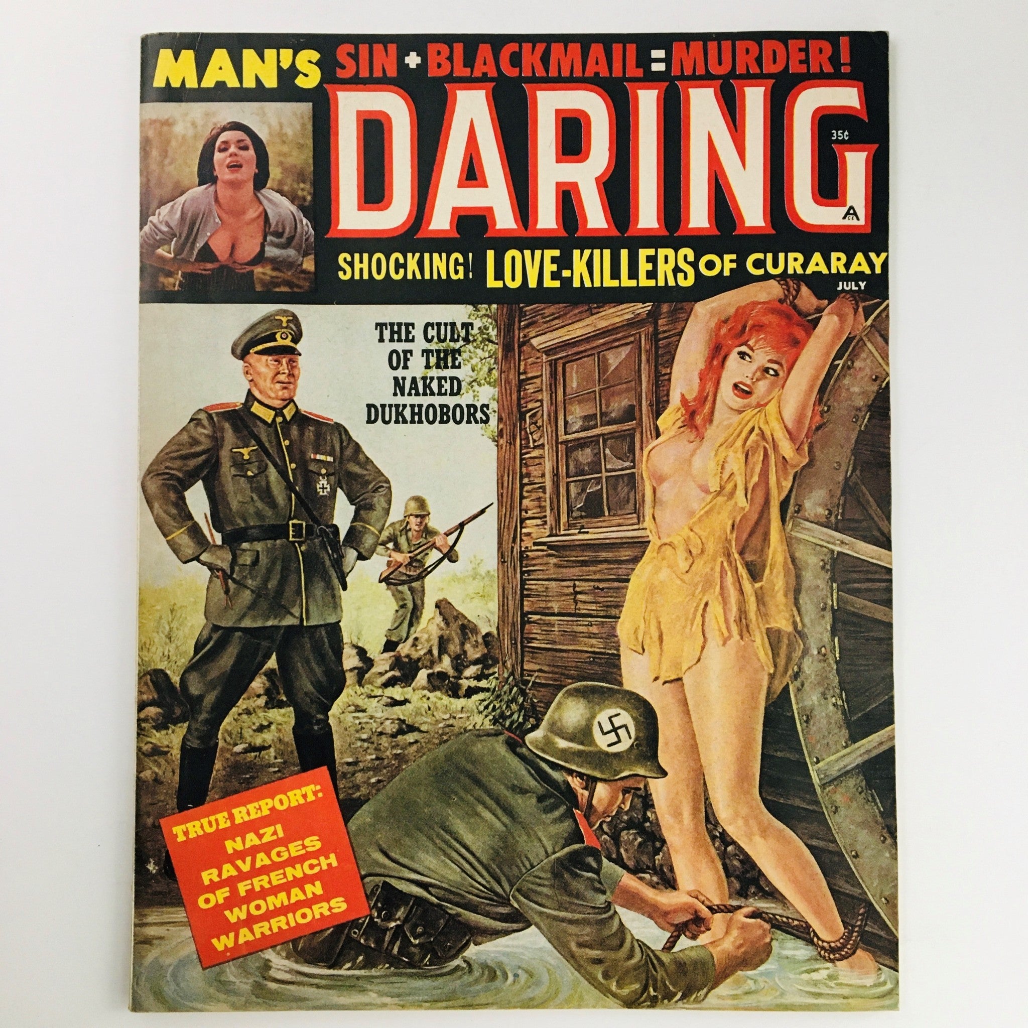 Cover of Man's Daring Magazine July 1961 featuring the article 'The Cult of The Naked Dukhobors' with bold titles and striking imagery.