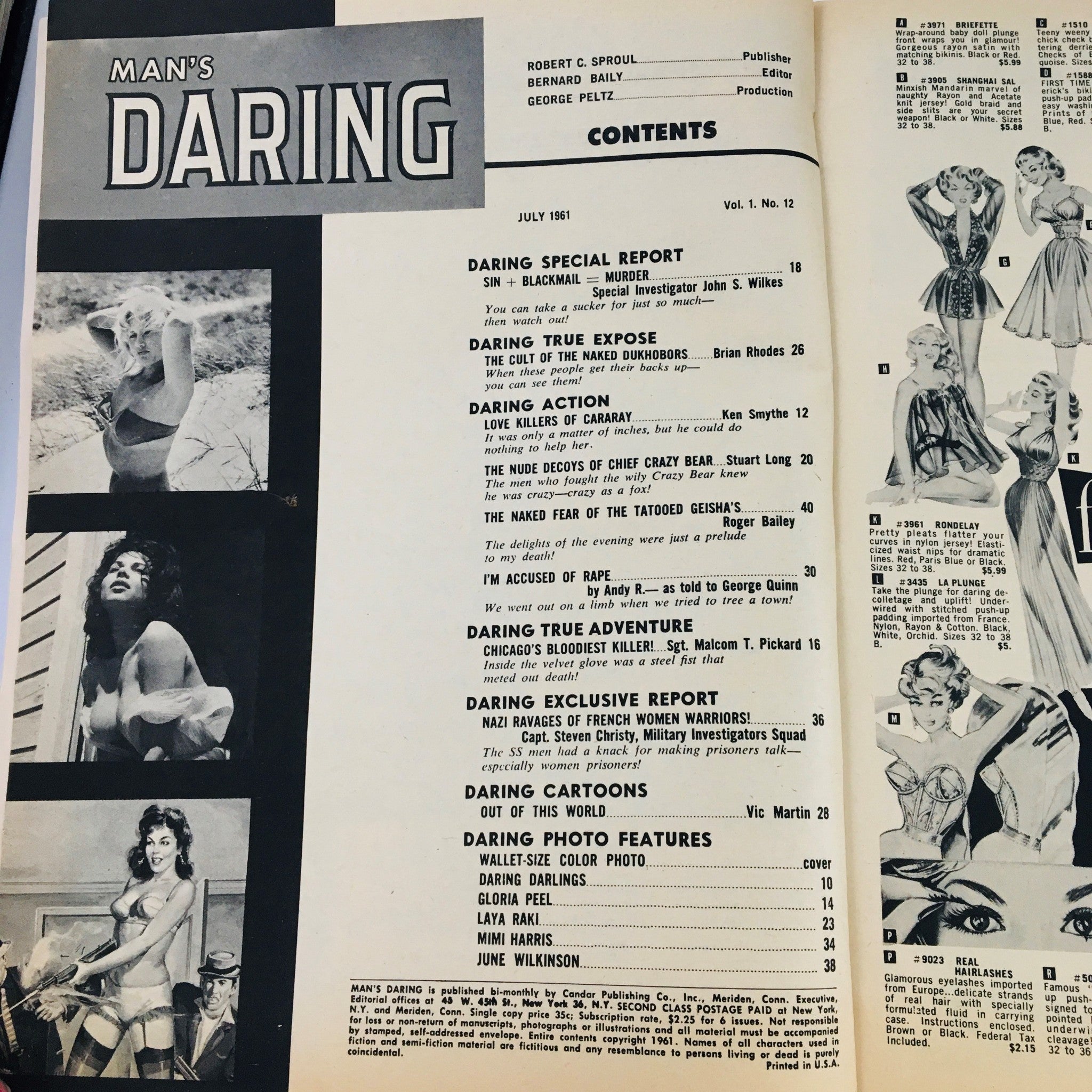 Table of contents page from Man's Daring Magazine July 1961, outlining articles including 'The Cult of The Naked Dukhobors' and other daring features.