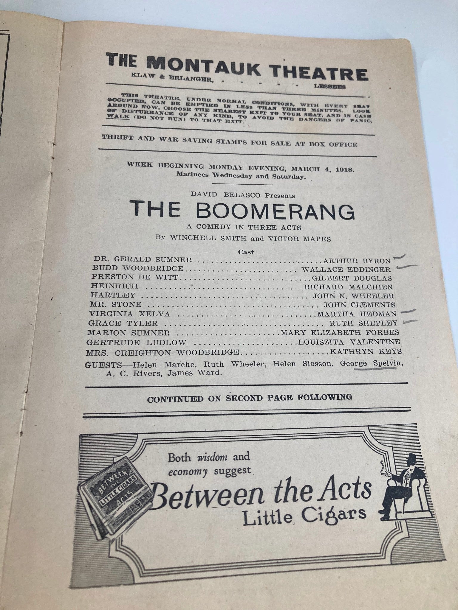 1918 The Montauk Theatre David Belasco Presents The Boomerang A Comedy