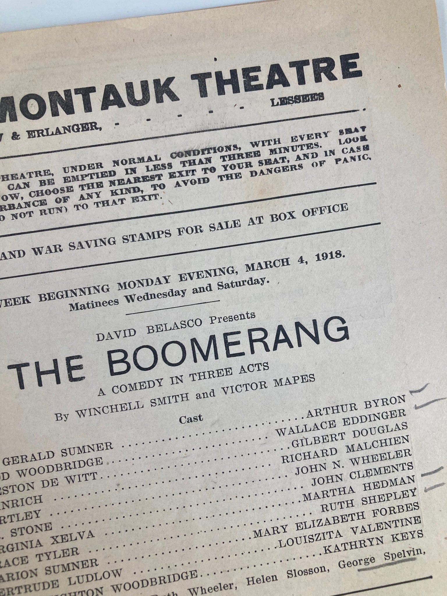 1918 The Montauk Theatre David Belasco Presents The Boomerang A Comedy