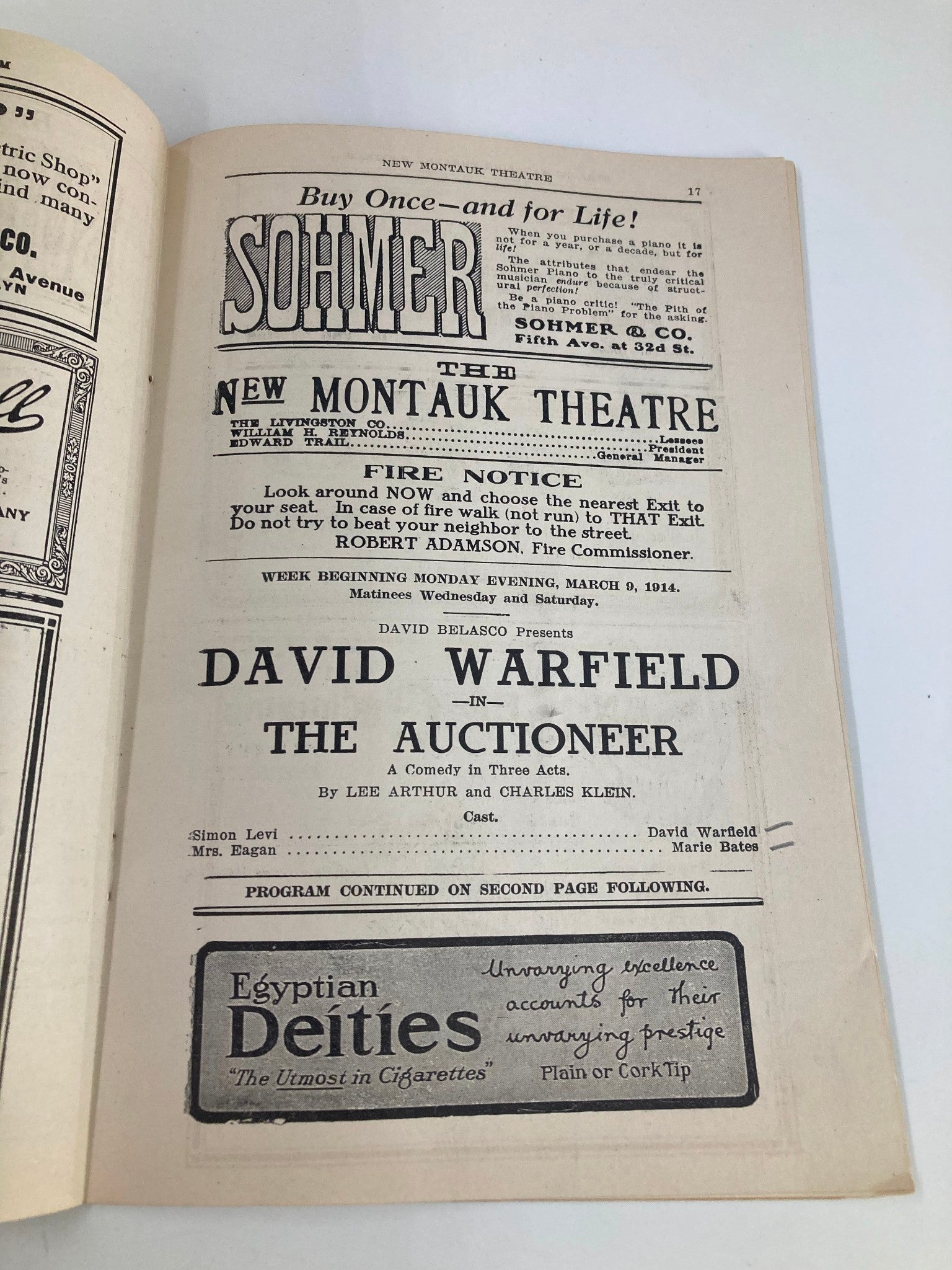 1914 The Montauk Theatre David Warfield in The Auctioneer A Comedy