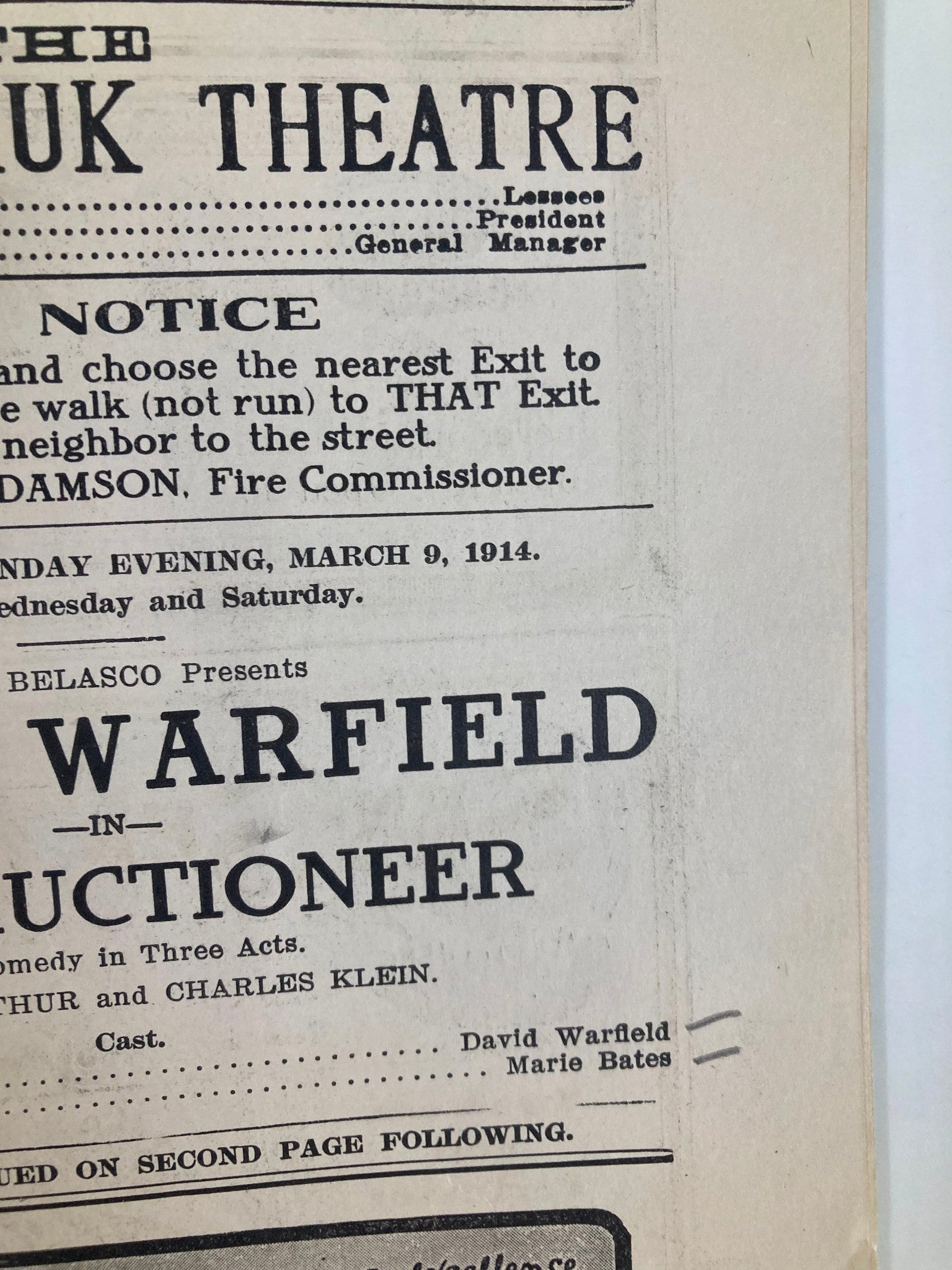 1914 The Montauk Theatre David Warfield in The Auctioneer A Comedy