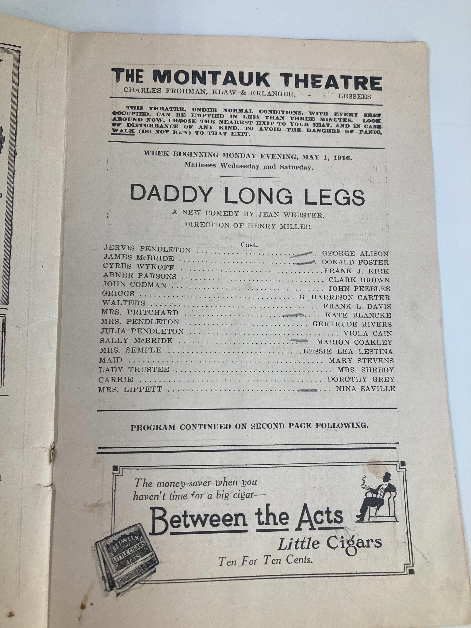 Inside page of the 1916 The Montauk Theatre playbill for Daddy Long Legs, listing cast members and production details directed by Henry Miller.