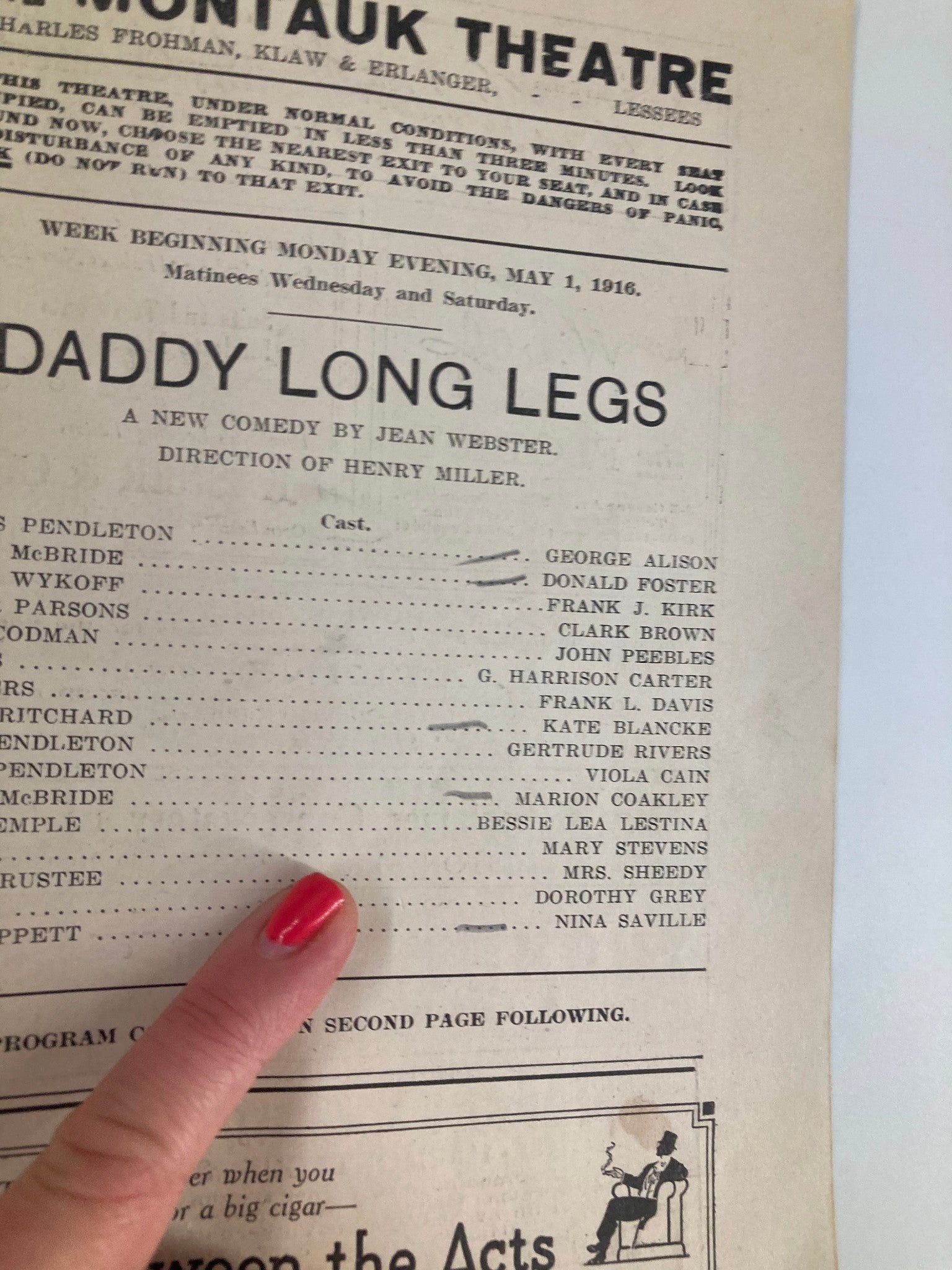 Close-up of the cast list from the 1916 The Montauk Theatre playbill for Daddy Long Legs, highlighting the actors involved in the production.