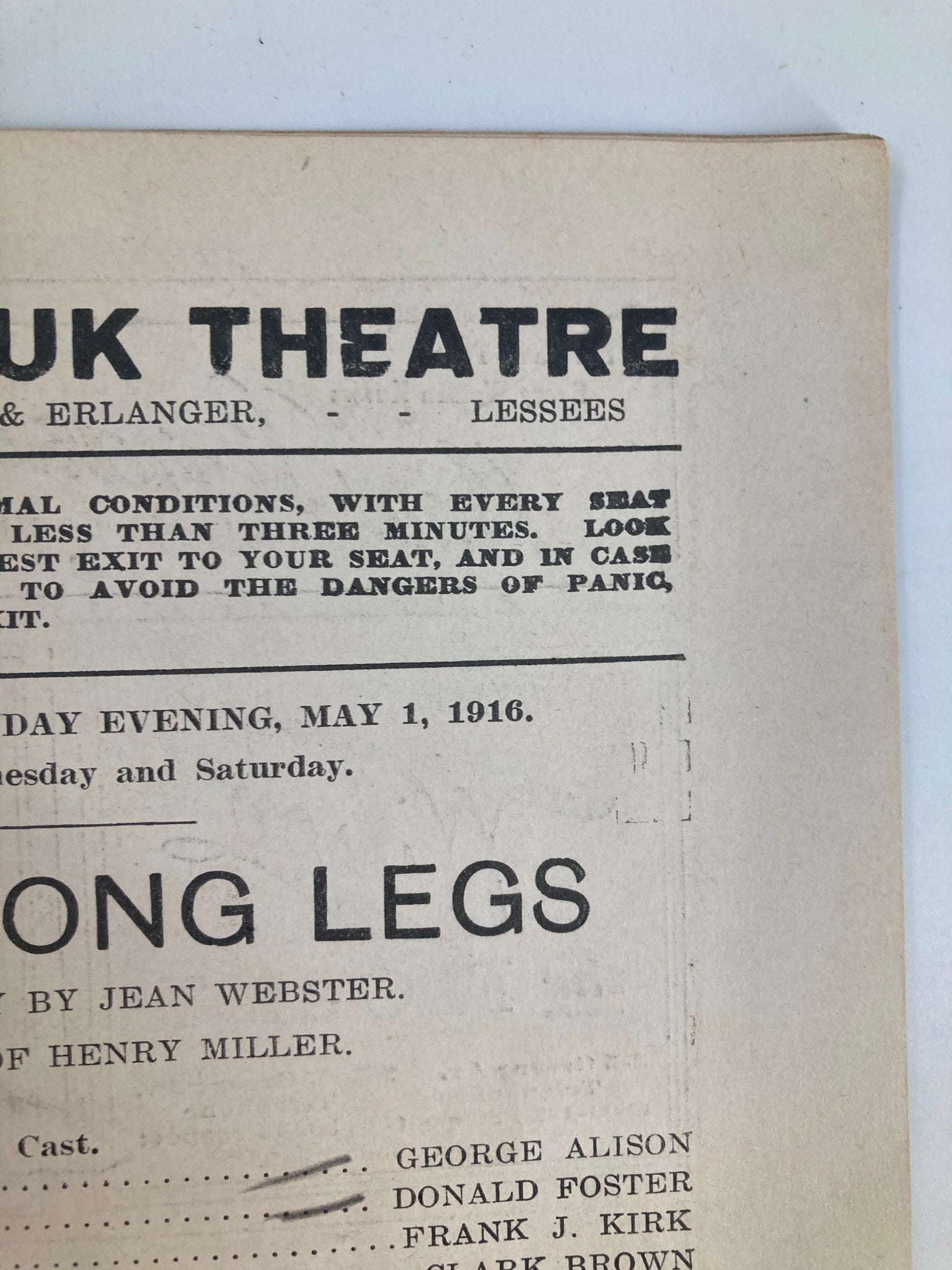 1916 The Montauk Theatre Daddy Long Legs playbill cover showcasing cast and theater details, highlighting the comedy written by Jean Webster.
