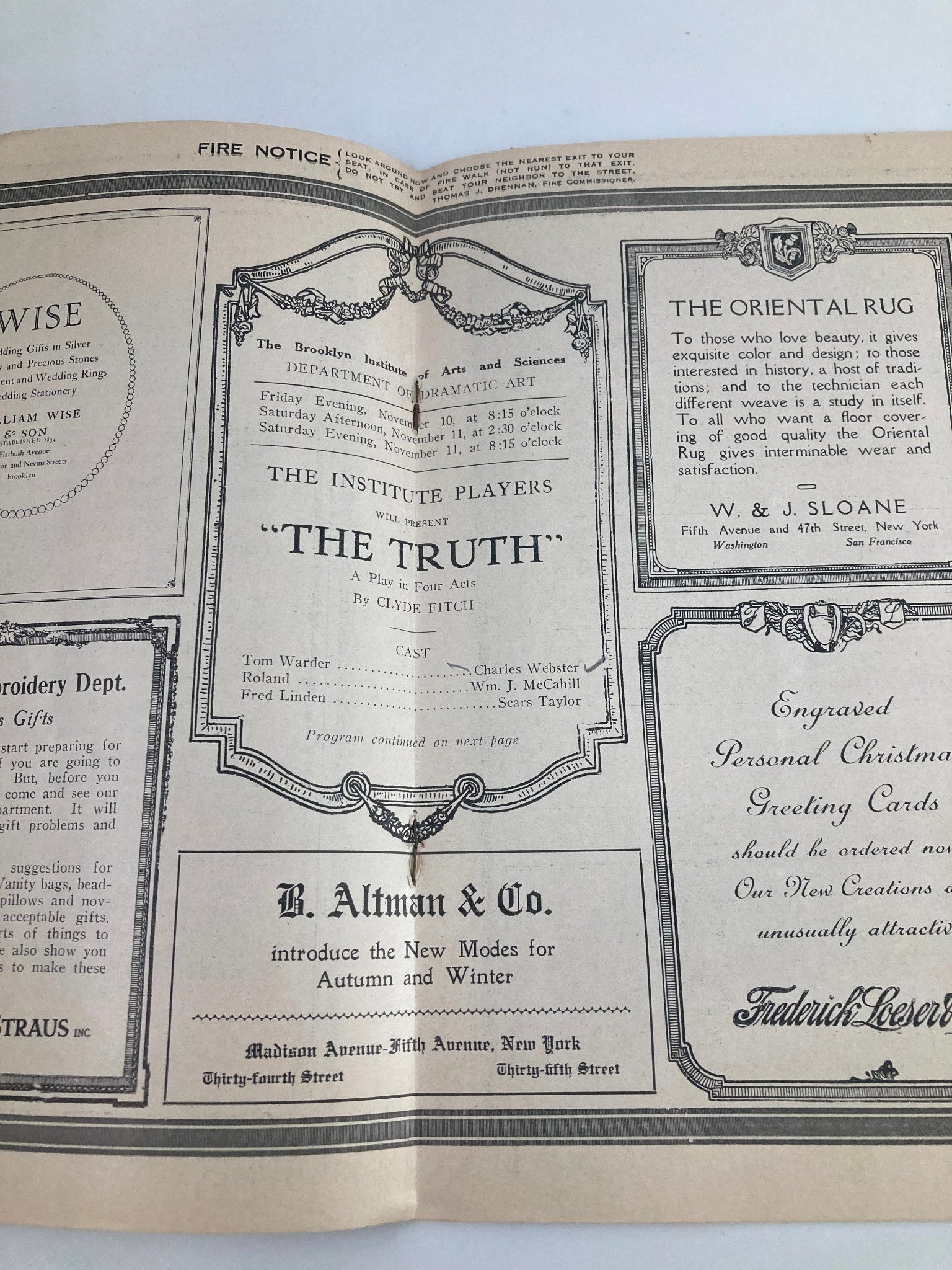 1922 Brooklyn Academy of Music The Institute Players Will The Truth in Four Acts