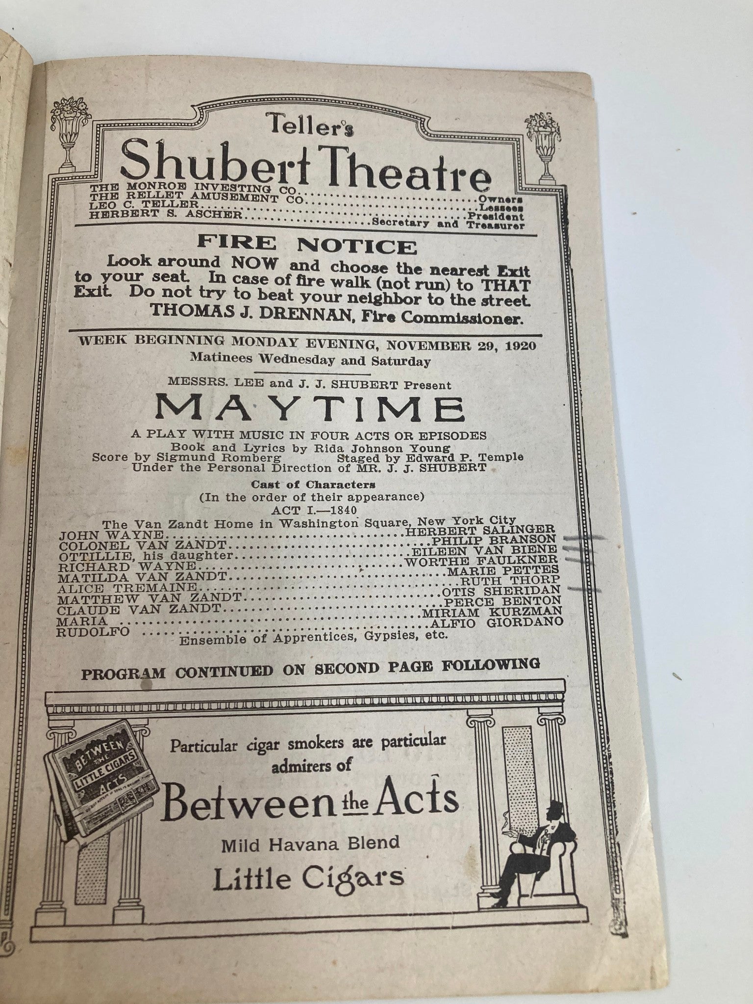 1920 Teller's Shubert Theatre J.J. Shubert Present Maytime