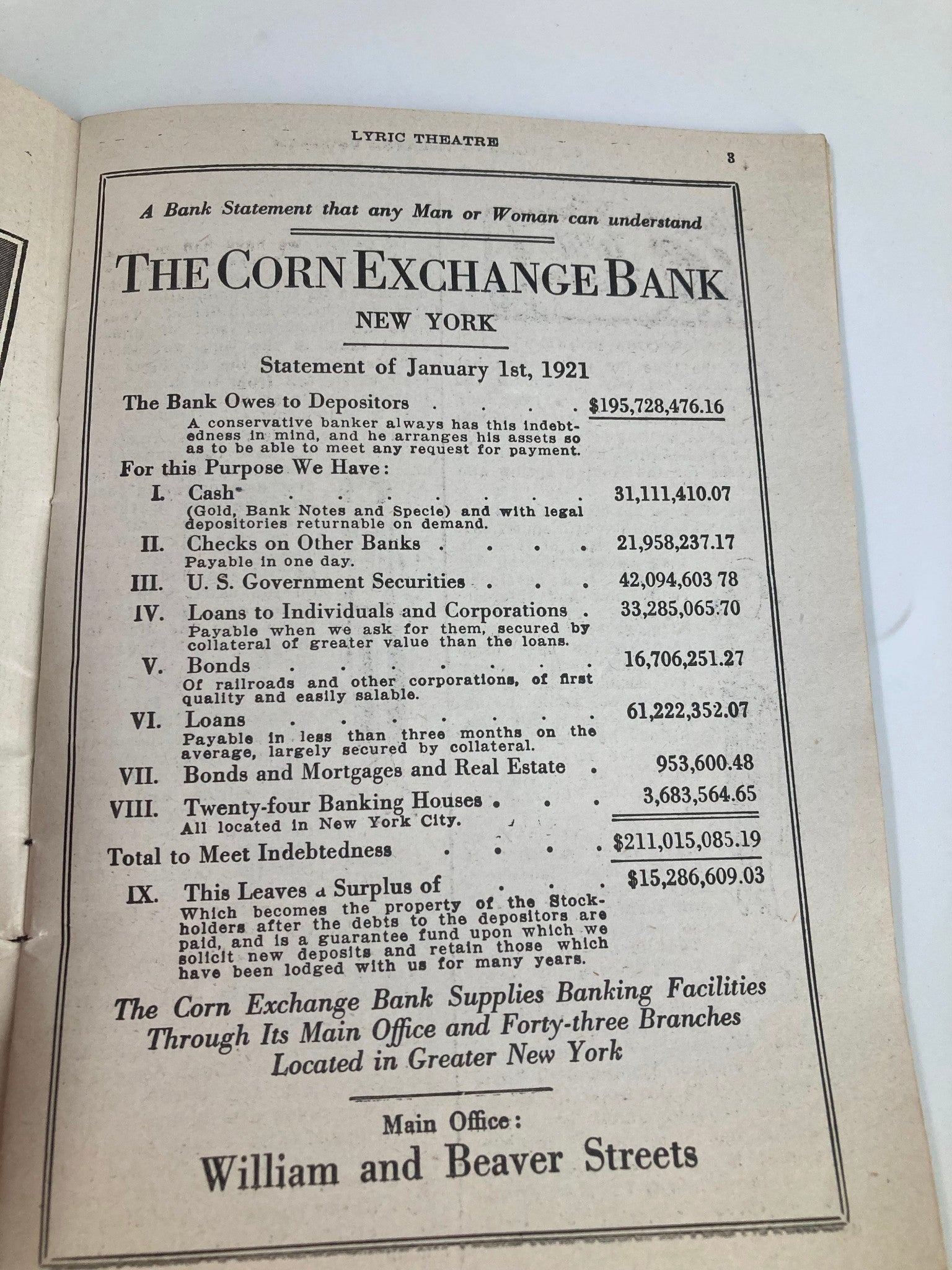 Page from the 1921 Lyric Theatre program showing the financial statement of The Corn Exchange Bank, dated January 1, 1921.