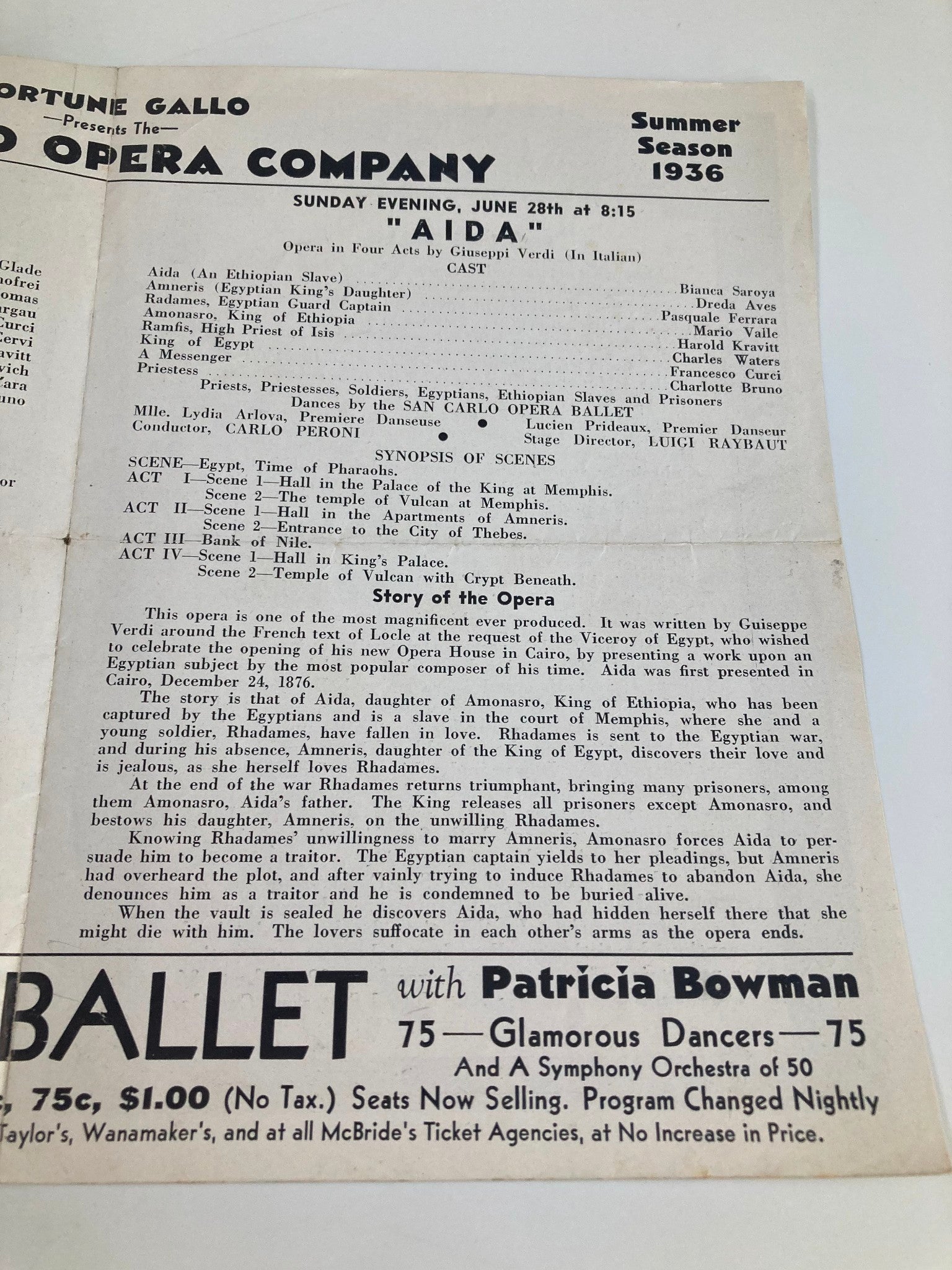 1936 San Carlo Grand Opera Company Aida Opera in Four Acts by Giuseppi Verdi