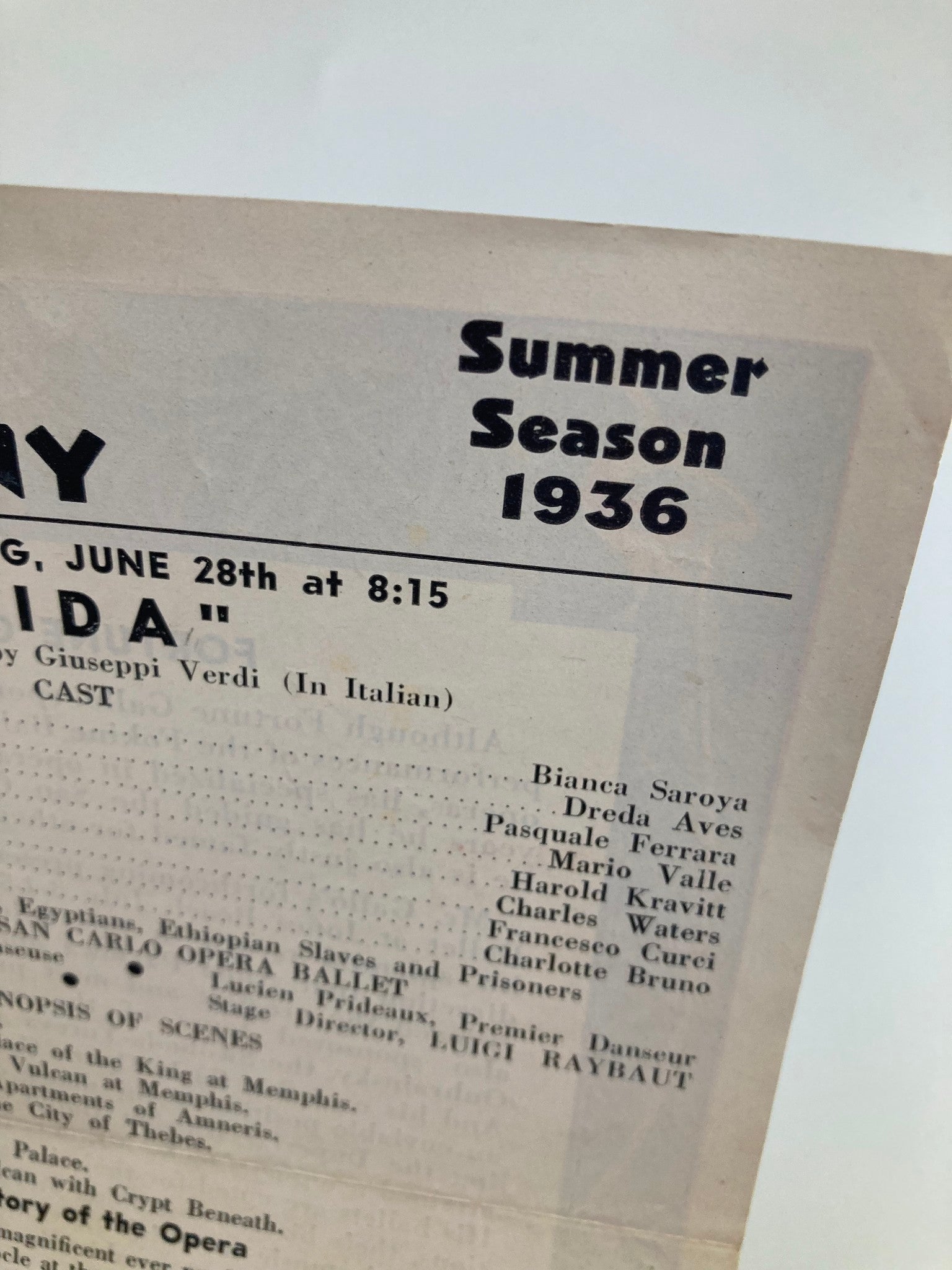 1936 San Carlo Grand Opera Company Aida Opera in Four Acts by Giuseppi Verdi