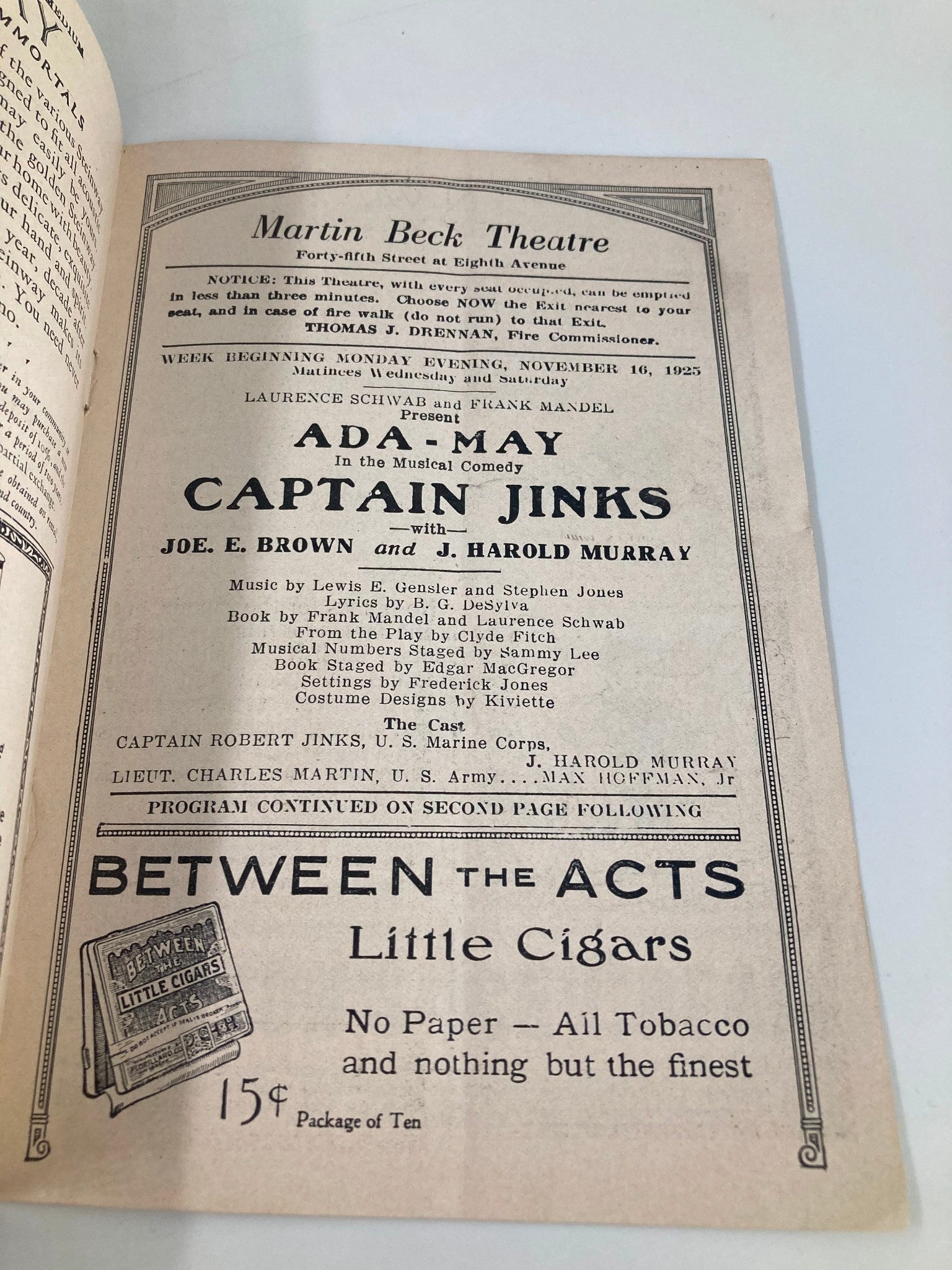 1925 Martin Beck Theatre Ada-May Musical Comedy Captain Jinks Joe E. Brown