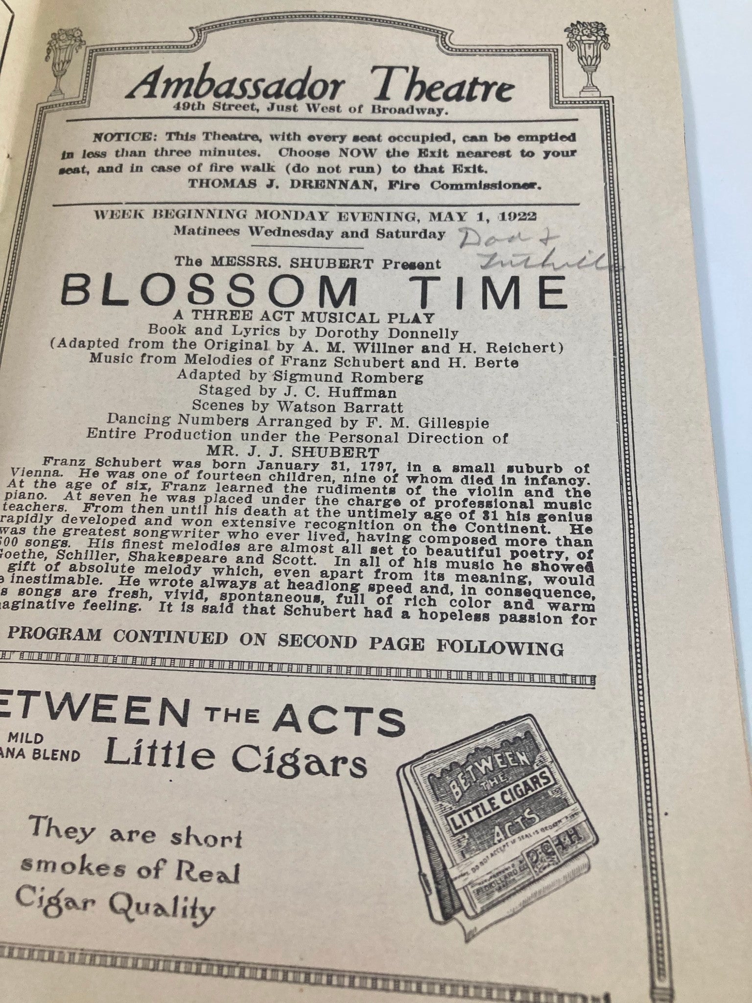 1922 Ambassador Theatre The Messrs. Shubert Blossom Time Musical Play