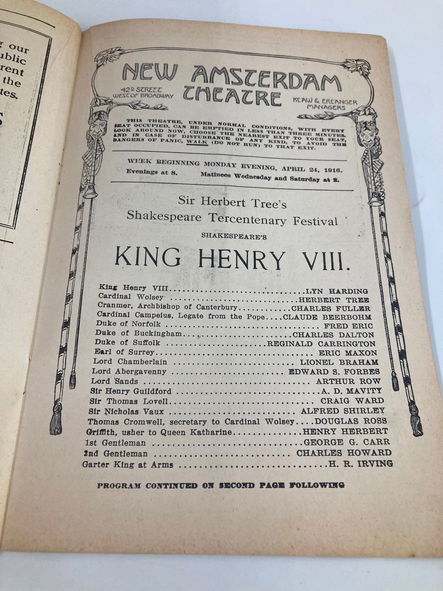 1916 New Amsterdam Theatre Sir Herbert Tree's Shakespeare's King Henry VIII