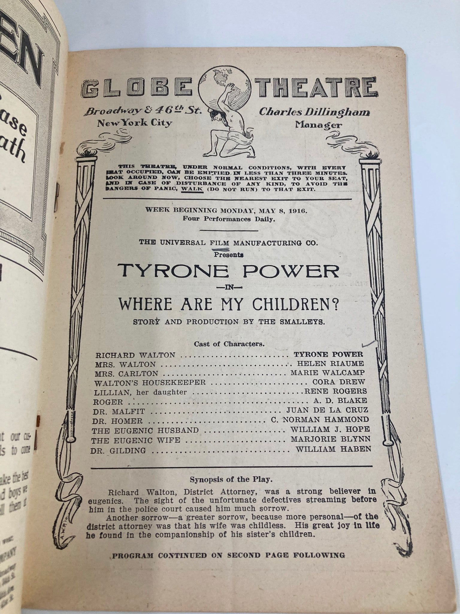 1916 Charles Dillingham's Globe Theatre Tyrone Power Where Are My Children?