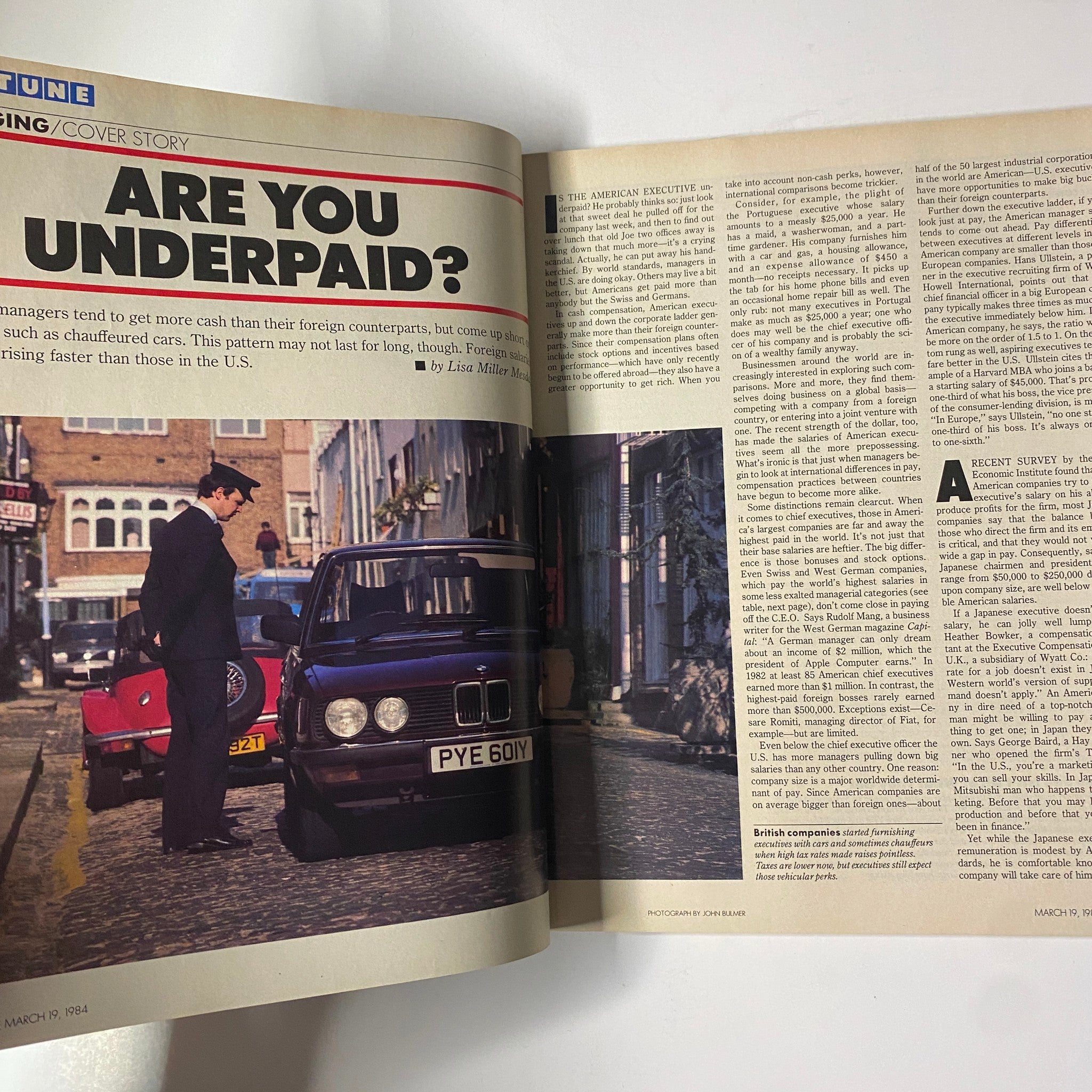 An interior page from the March 19, 1984 issue of Fortune Magazine showing the article 'Are You Underpaid?' which discusses comparisons of managerial salaries between the U.S. and foreign counterparts.