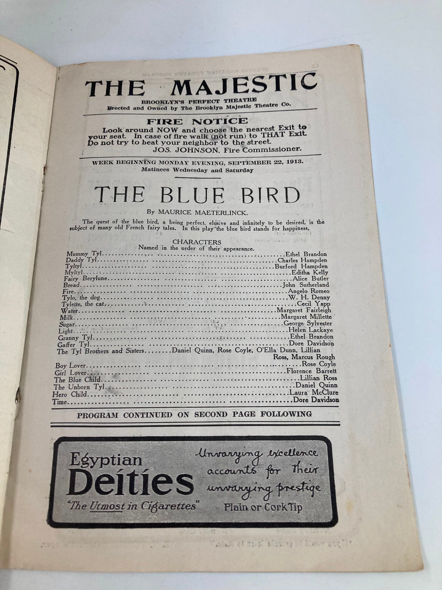 1913 The Majestic Brooklyn Theatre The Blue Bird by Maurice Maeterlinck