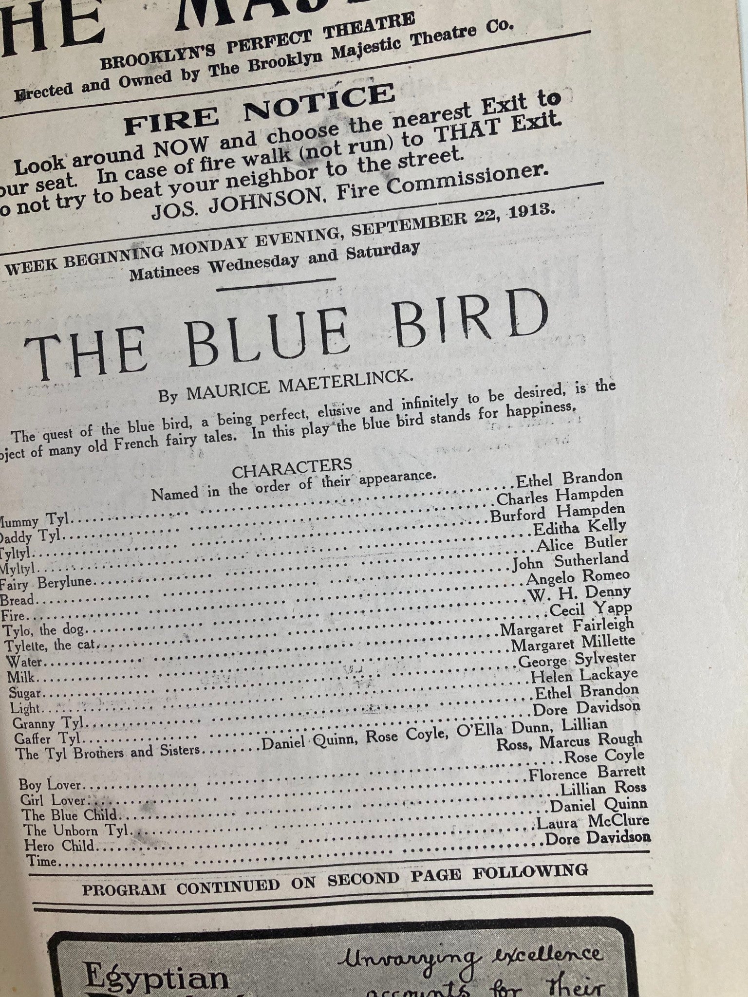 1913 The Majestic Brooklyn Theatre The Blue Bird by Maurice Maeterlinck