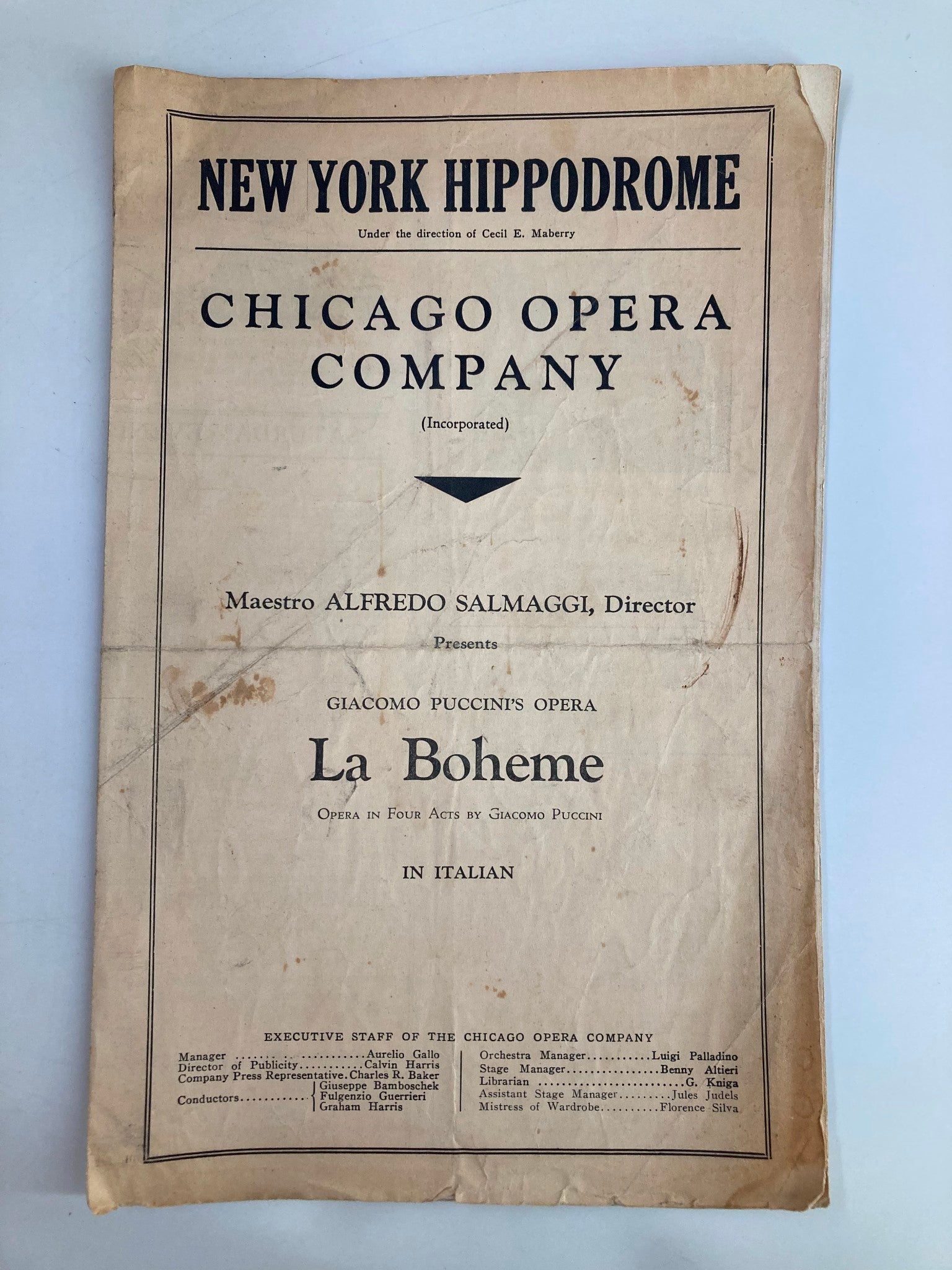 1933 New York Hippodrome Chicago Opera Company La Boheme by Alfredo Salmaggi