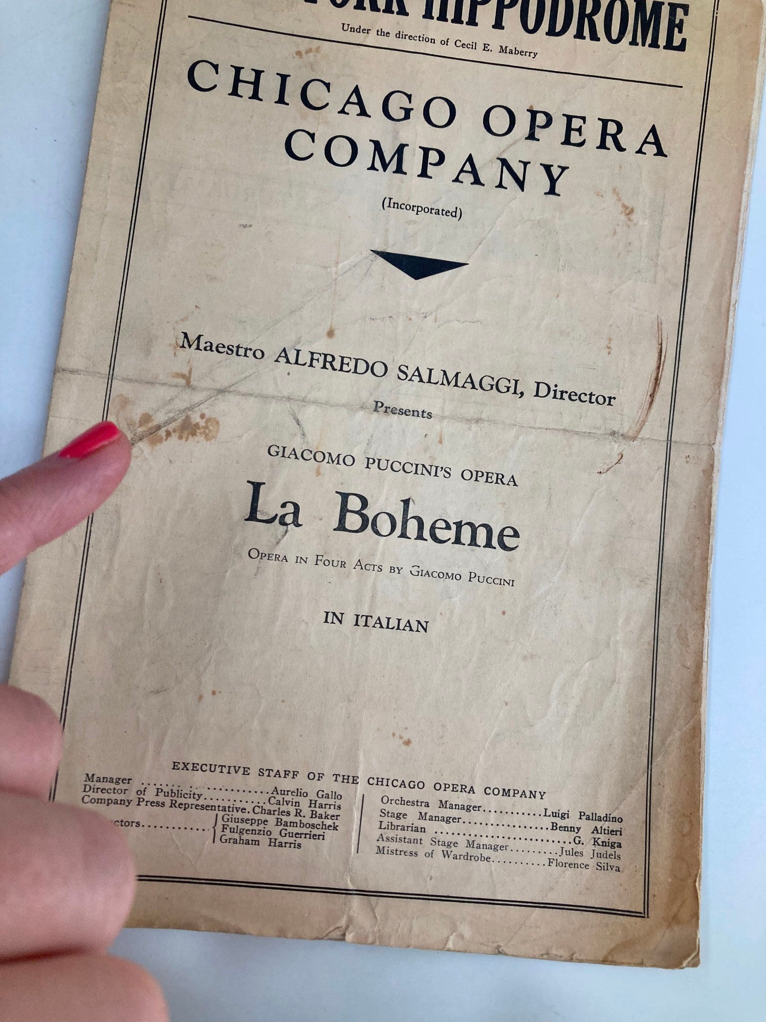 1933 New York Hippodrome Chicago Opera Company La Boheme by Alfredo Salmaggi