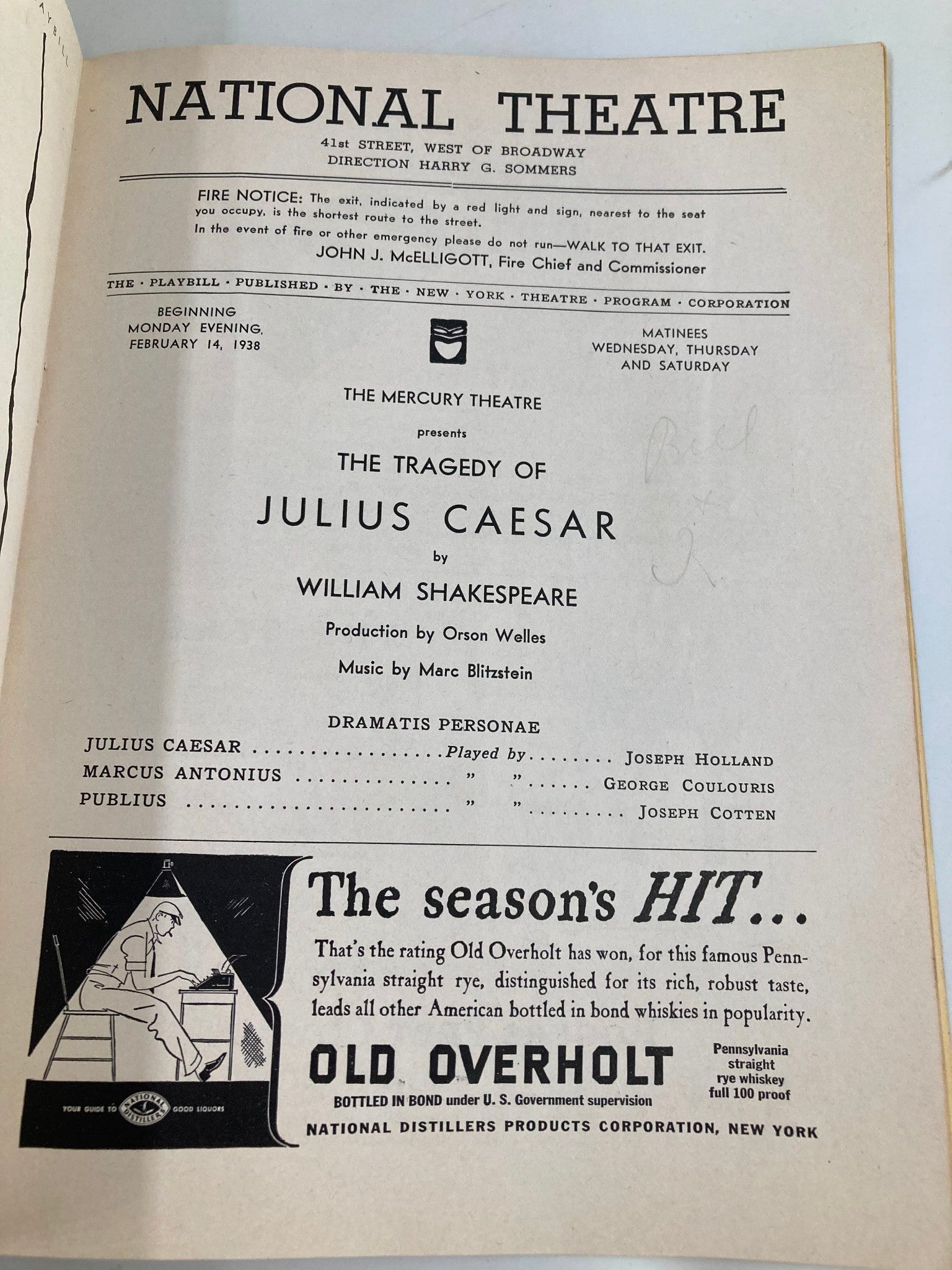1938 Playbill from National Theatre featuring The Tragedy of Julius Caesar by William Shakespeare, highlighting details like the production date and cast from the Mercury Theatre.