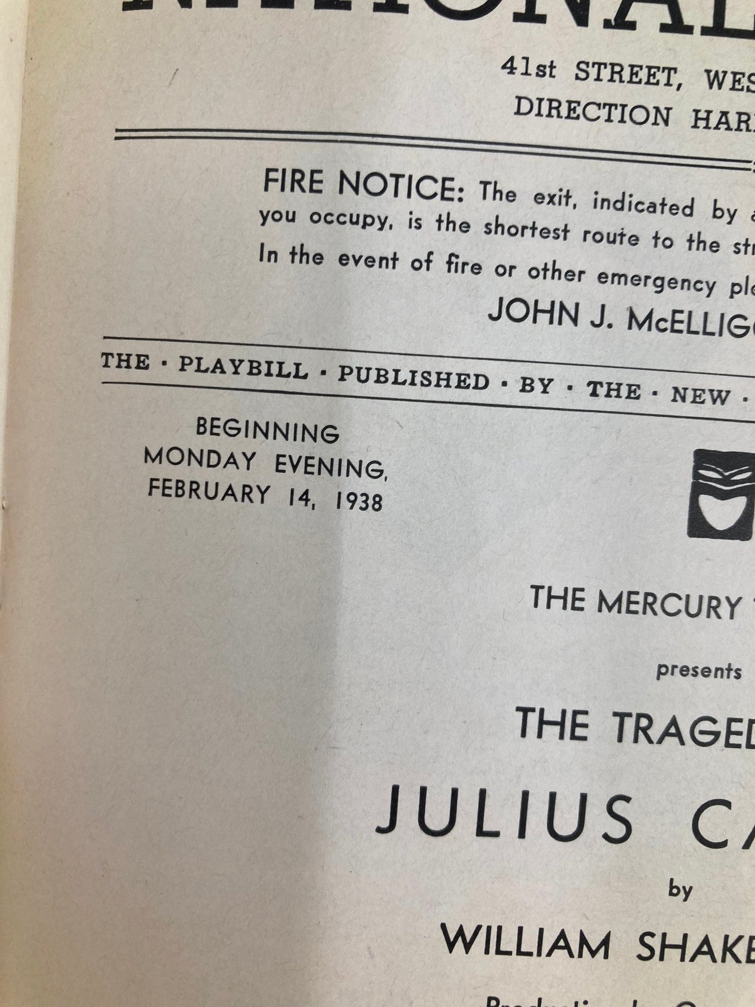 Close-up of the 1938 Playbill for The Tragedy of Julius Caesar by William Shakespeare, displaying the opening date and production details from the National Theatre.