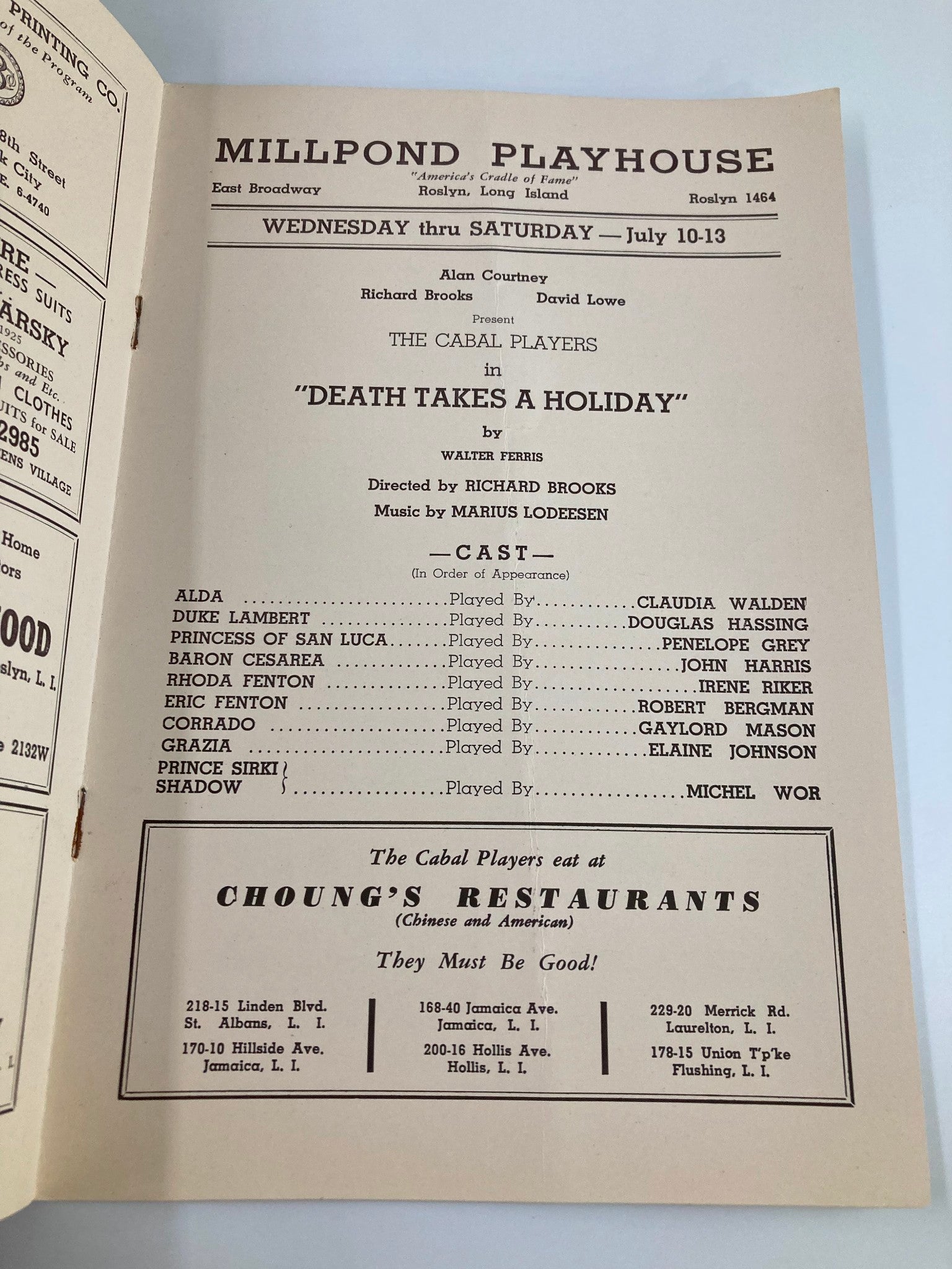 1940 The Claque Millpond Playhouse Death Takes A Holiday by Walter Ferris