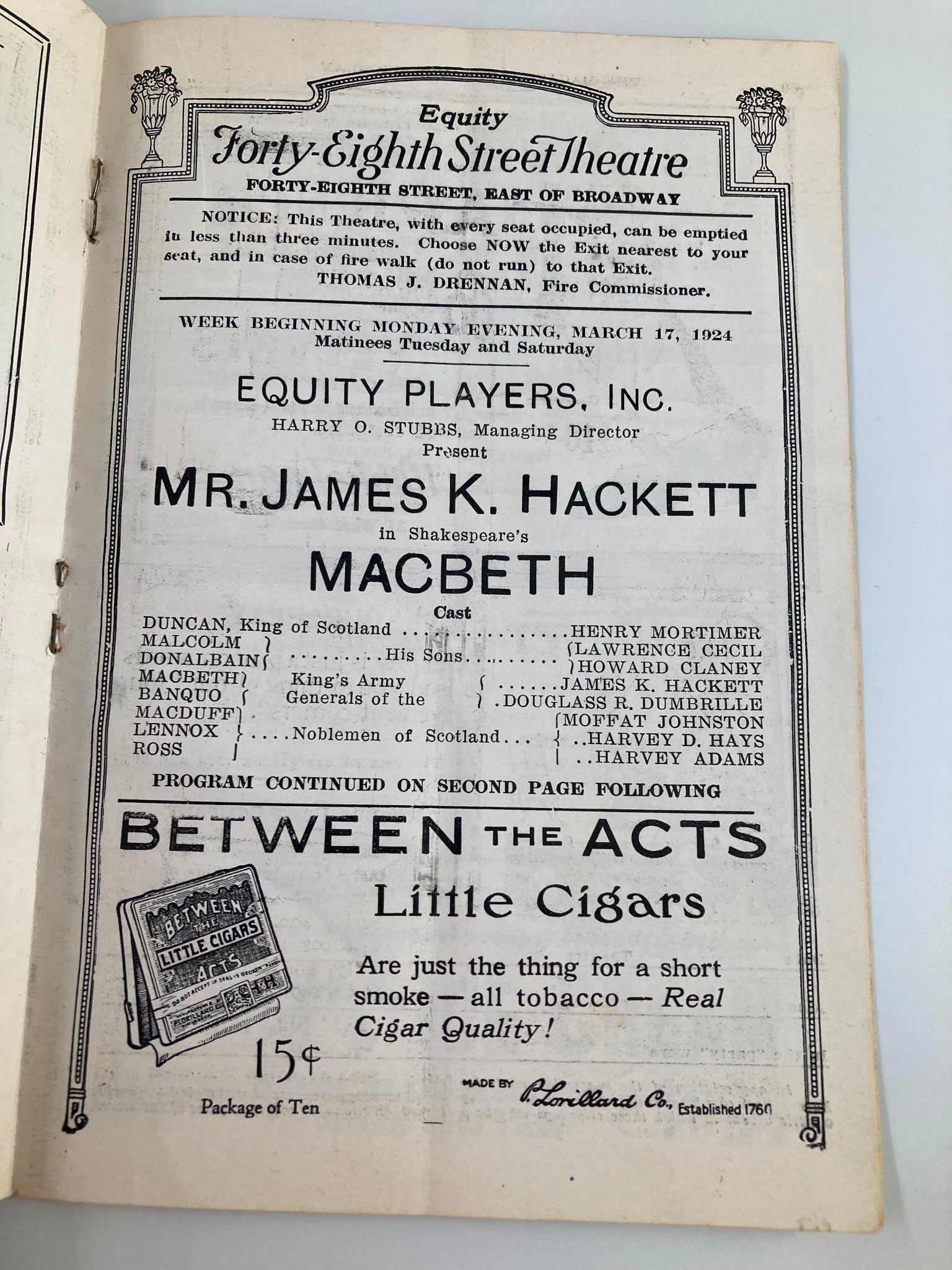 1924 Equity Players Inc. Mr. James K. Hackett in William Shakepeare's MacBeth