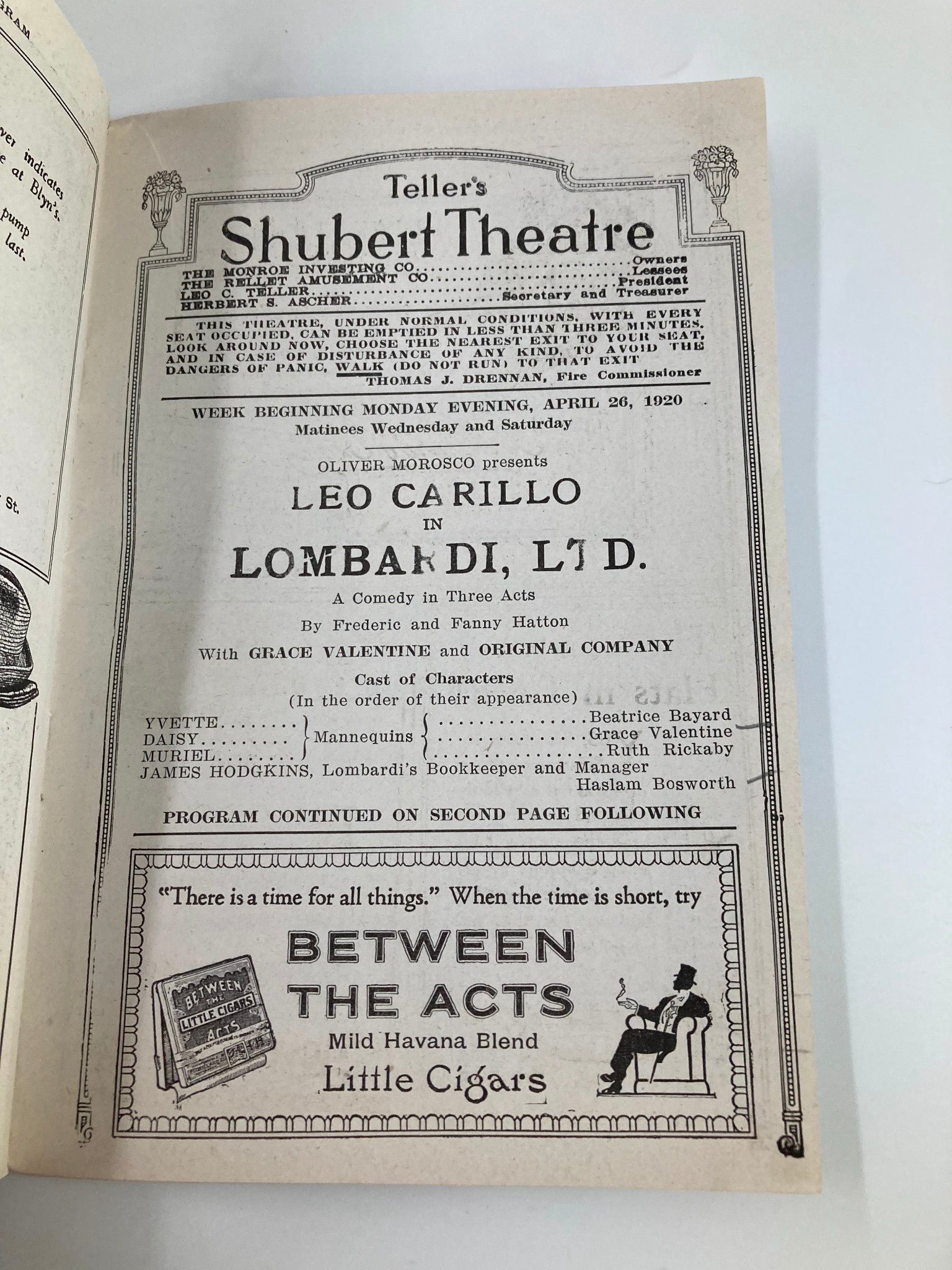 1920 Teller's Shubert Theatre Leo Carillo in Lombardi Ltd. by Frederic Hatton