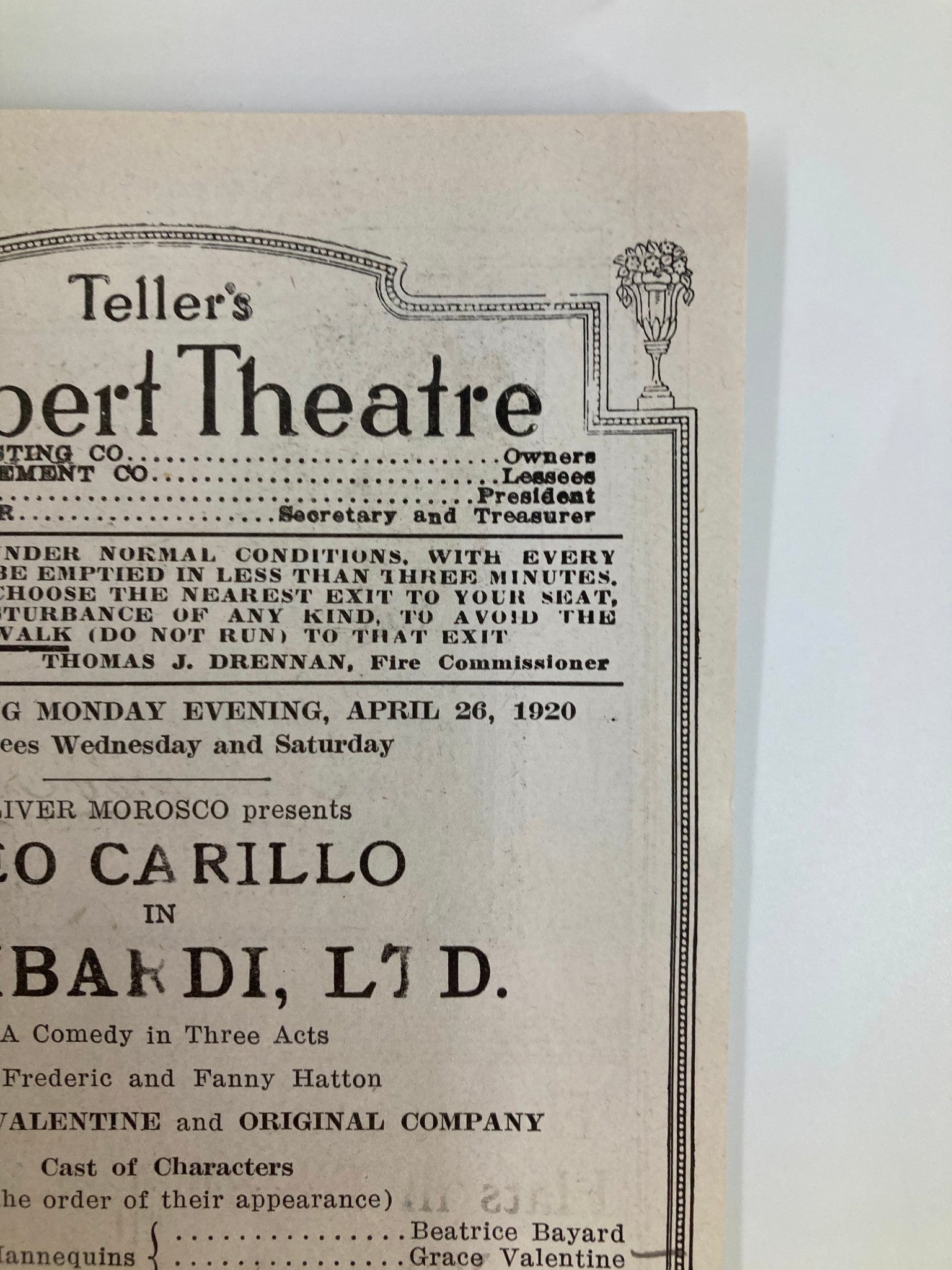 1920 Teller's Shubert Theatre Leo Carillo in Lombardi Ltd. by Frederic Hatton