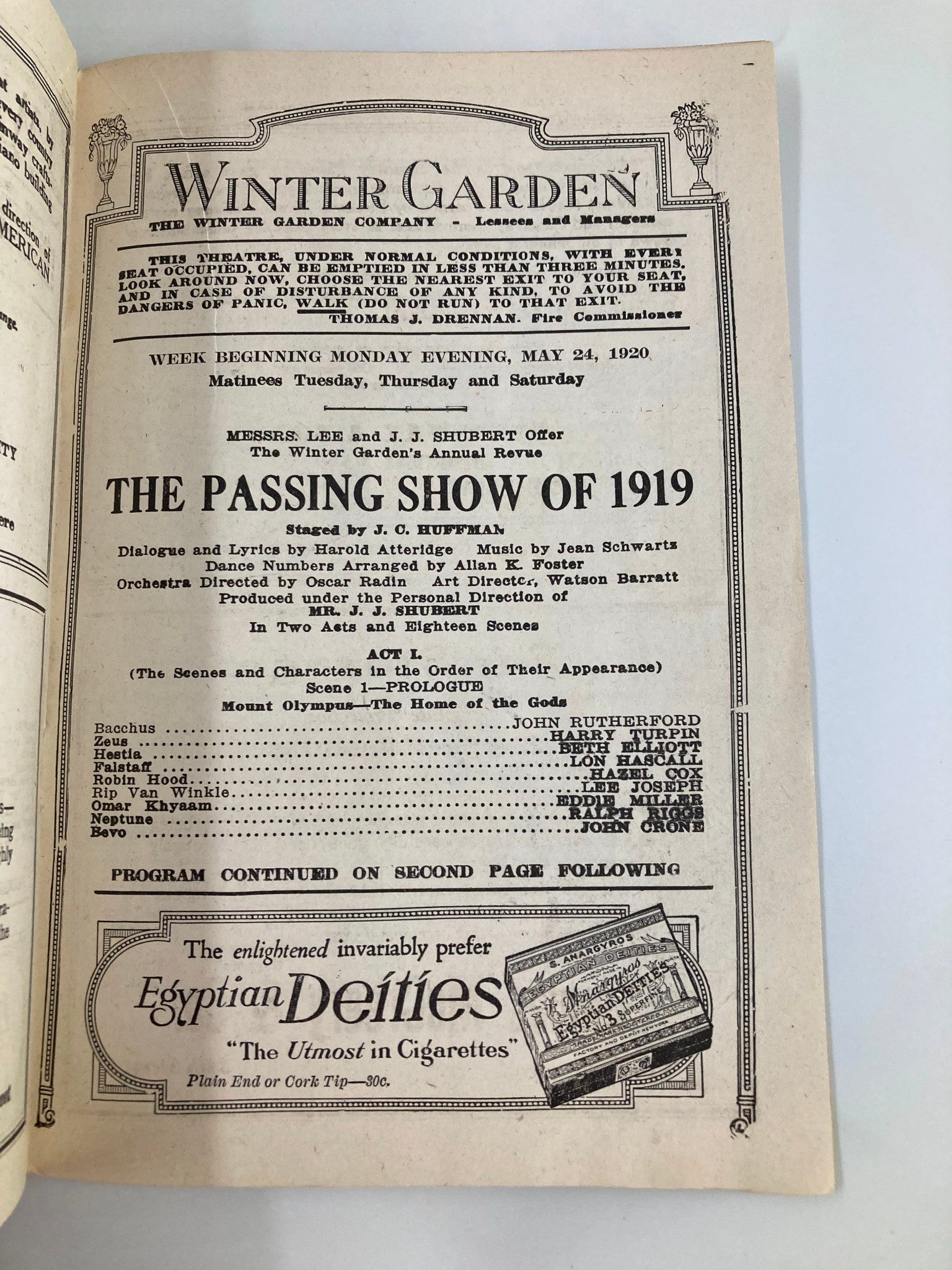 1920 Winter Garden The Passing Show of 1919 Staged by J.C. Huffman