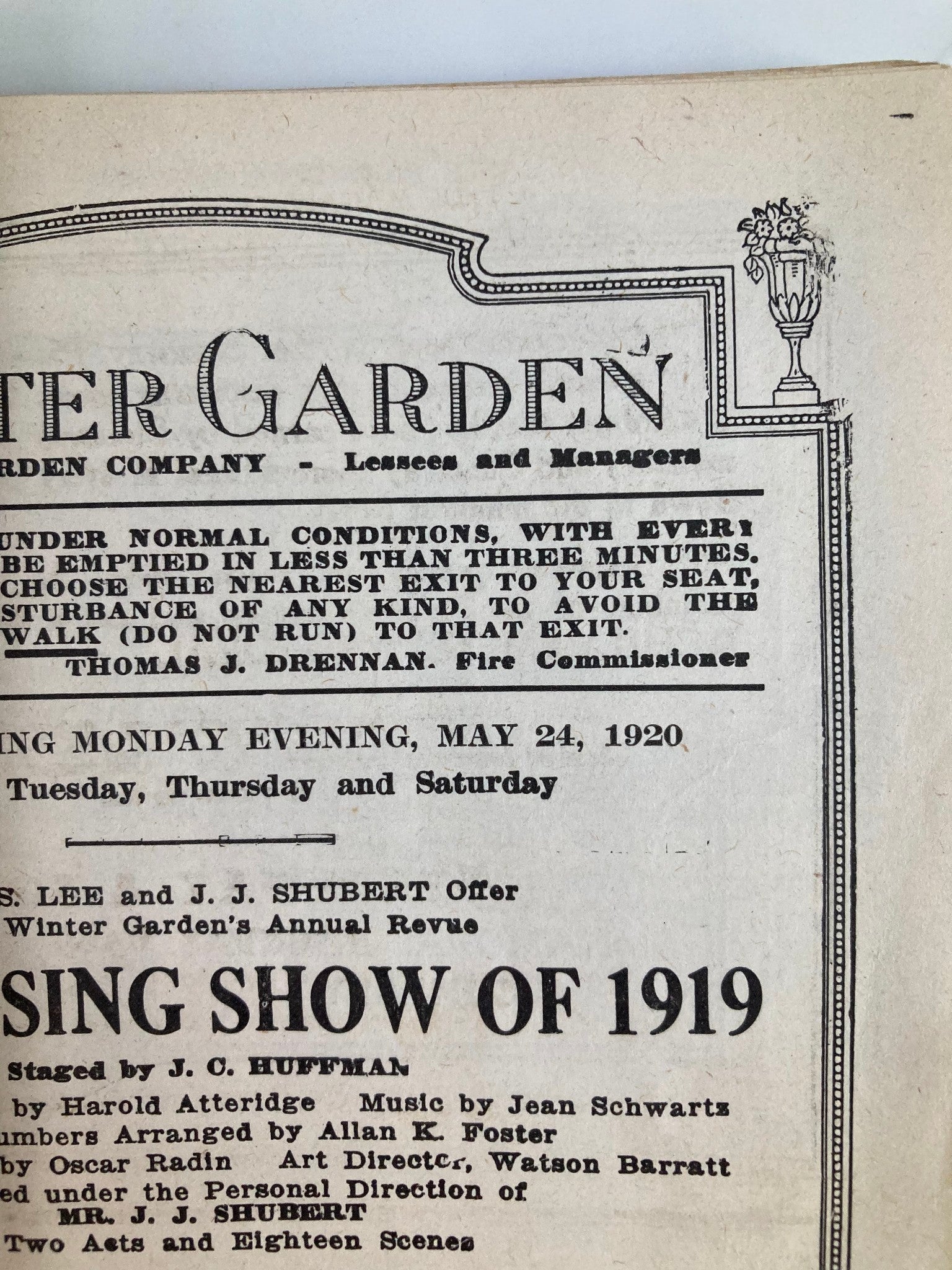 1920 Winter Garden The Passing Show of 1919 Staged by J.C. Huffman