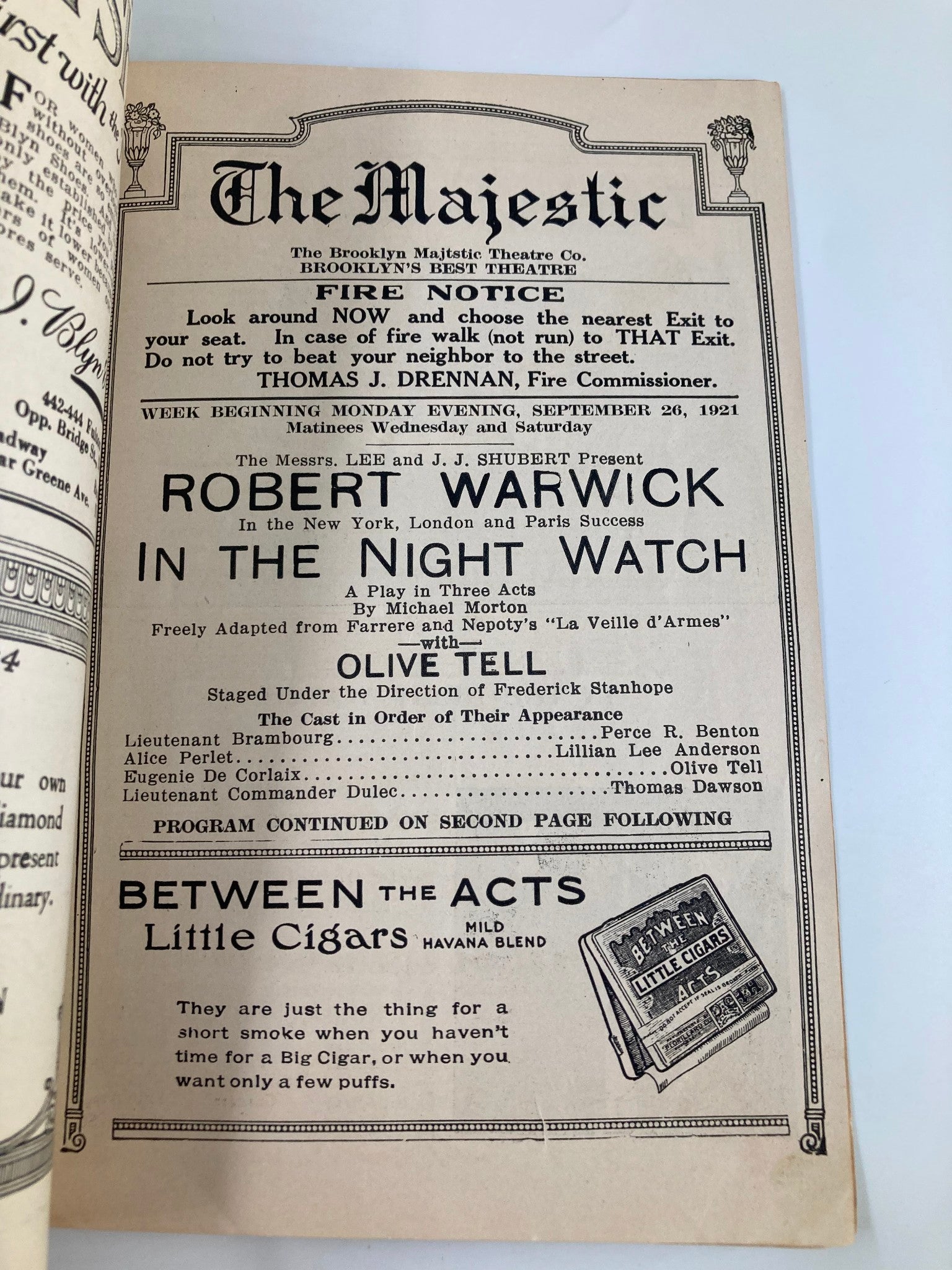 1921 The Majestic Theatre Robert Warwick in In The Night Watch with Olive Tell