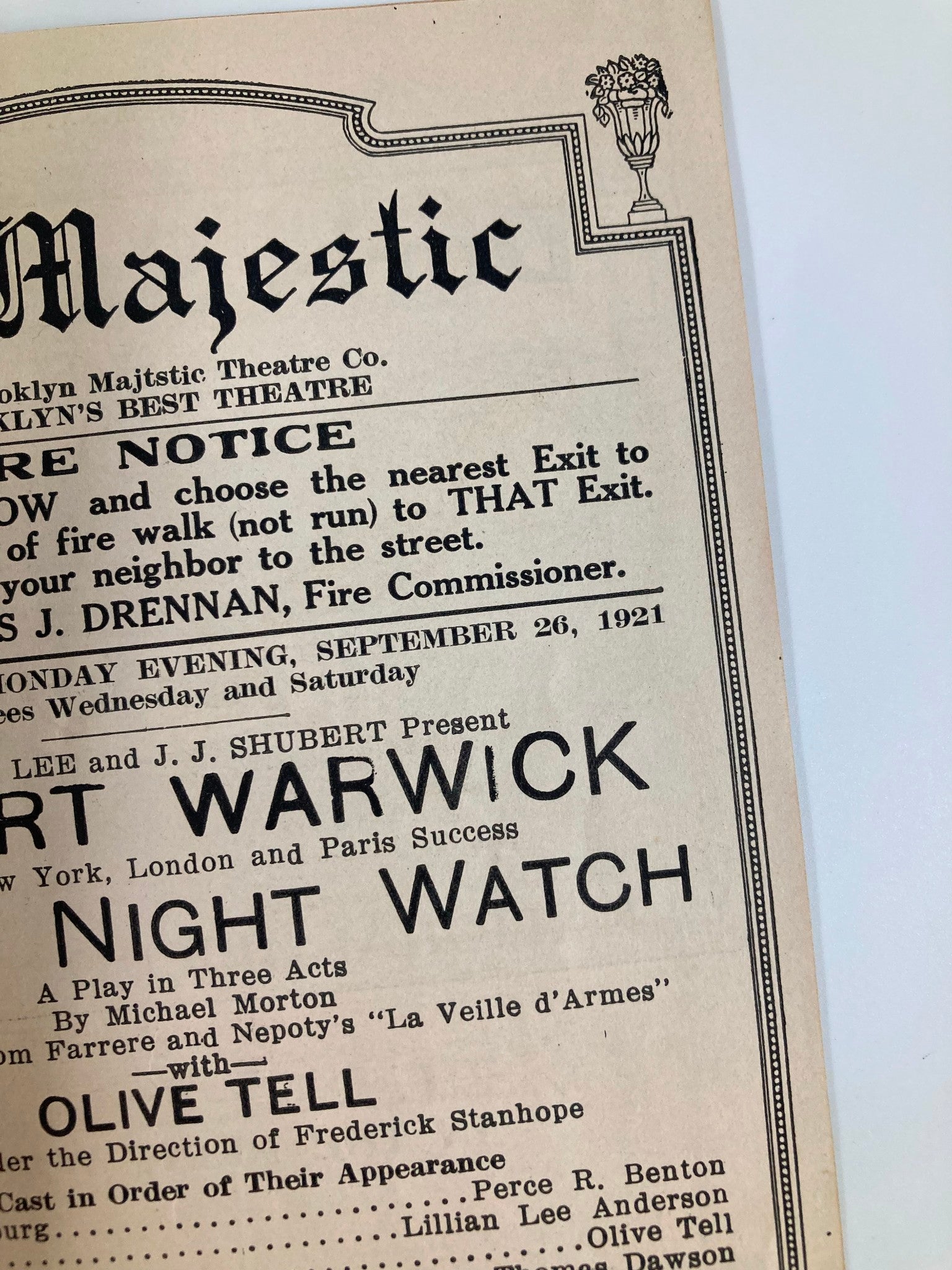 1921 The Majestic Theatre Robert Warwick in In The Night Watch with Olive Tell