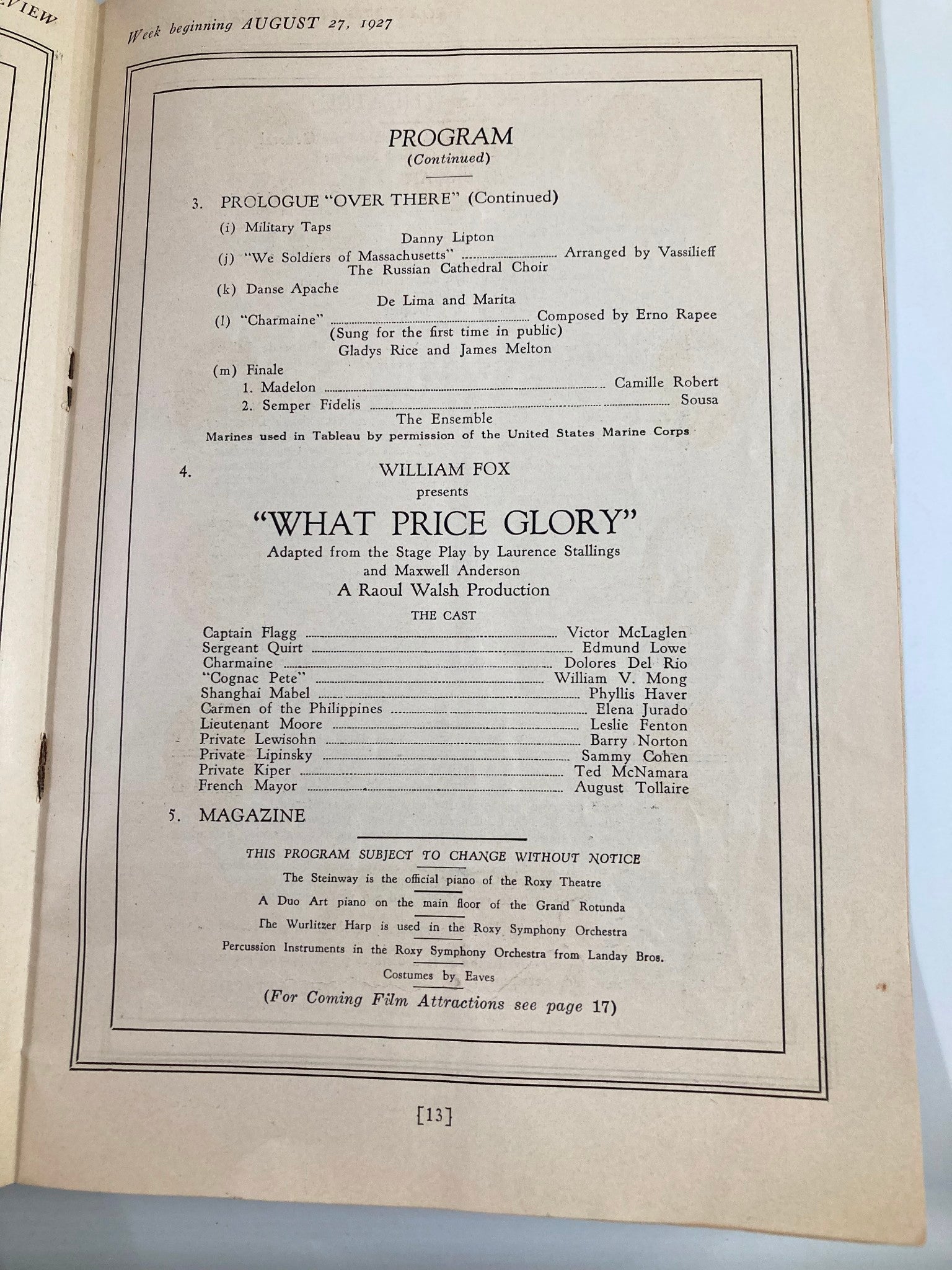 1927 Roxy Theatre William Fox Presents What Price Glory by Laurence Stallings