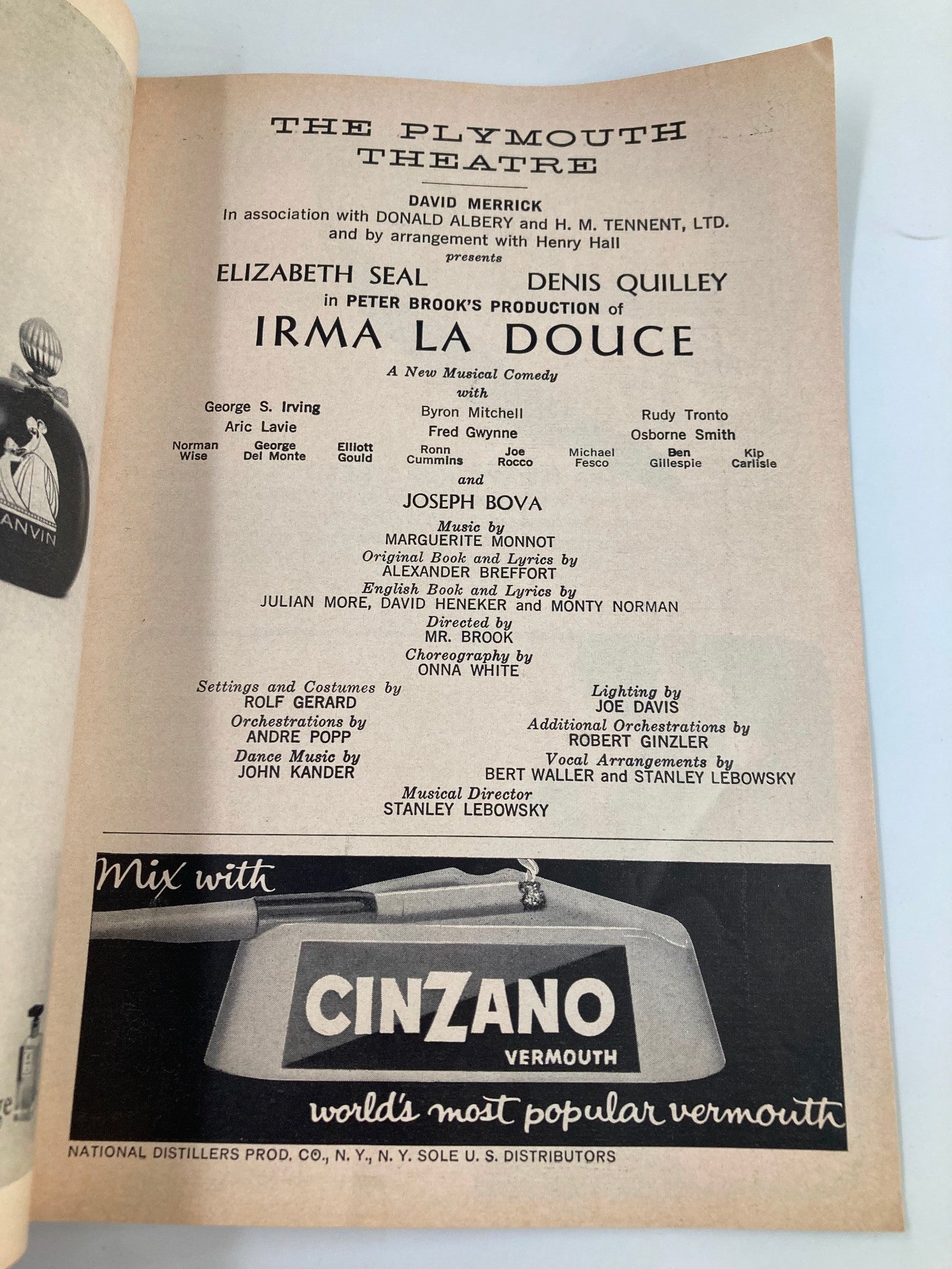 1961 Playbill The Plymouth Theatre Elizabeth Seal Denis Quilley in Irma La Douce