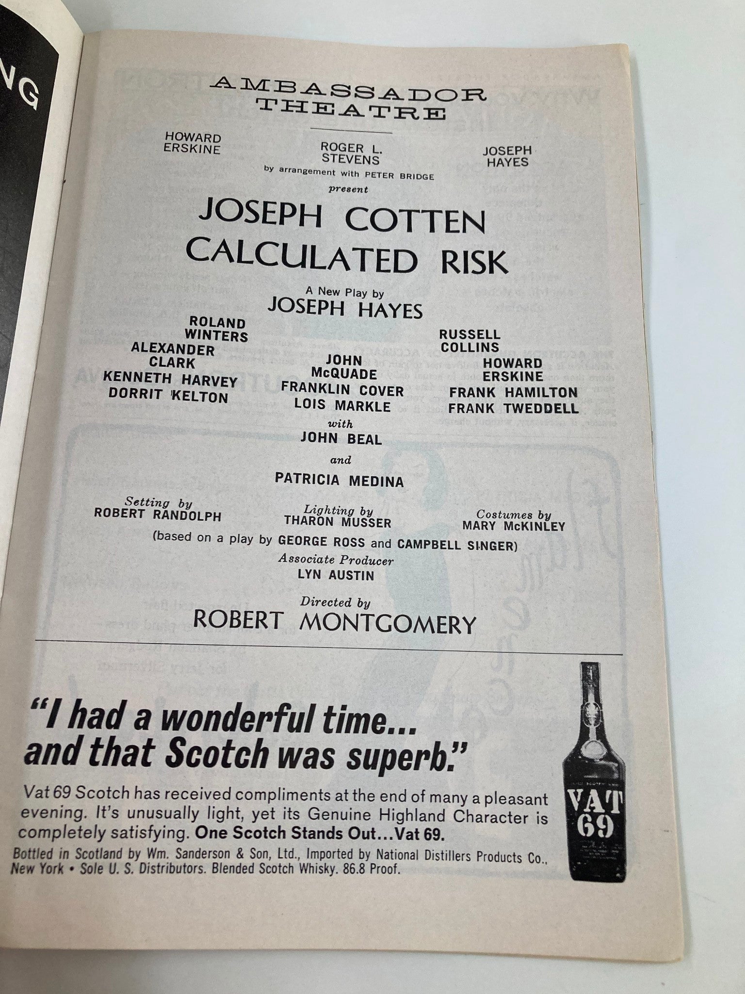 1963 Playbill Ambassador Theatre Joseph Cotten Calculated Risk by Joseph Hayes