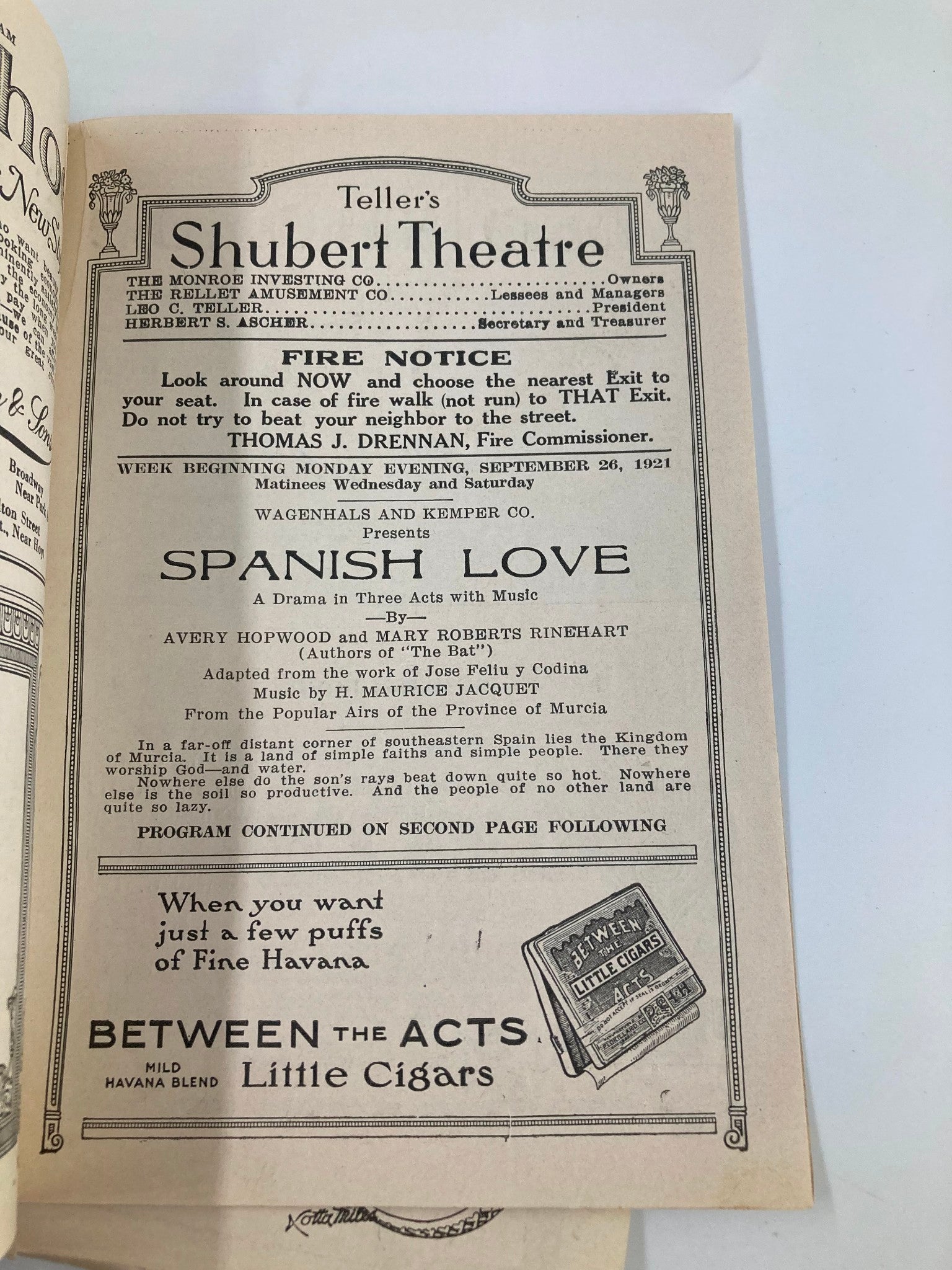 1921 Teller's Shubert Theatre Spanish Love by Avery Hopwood & Mary R. Rineheart