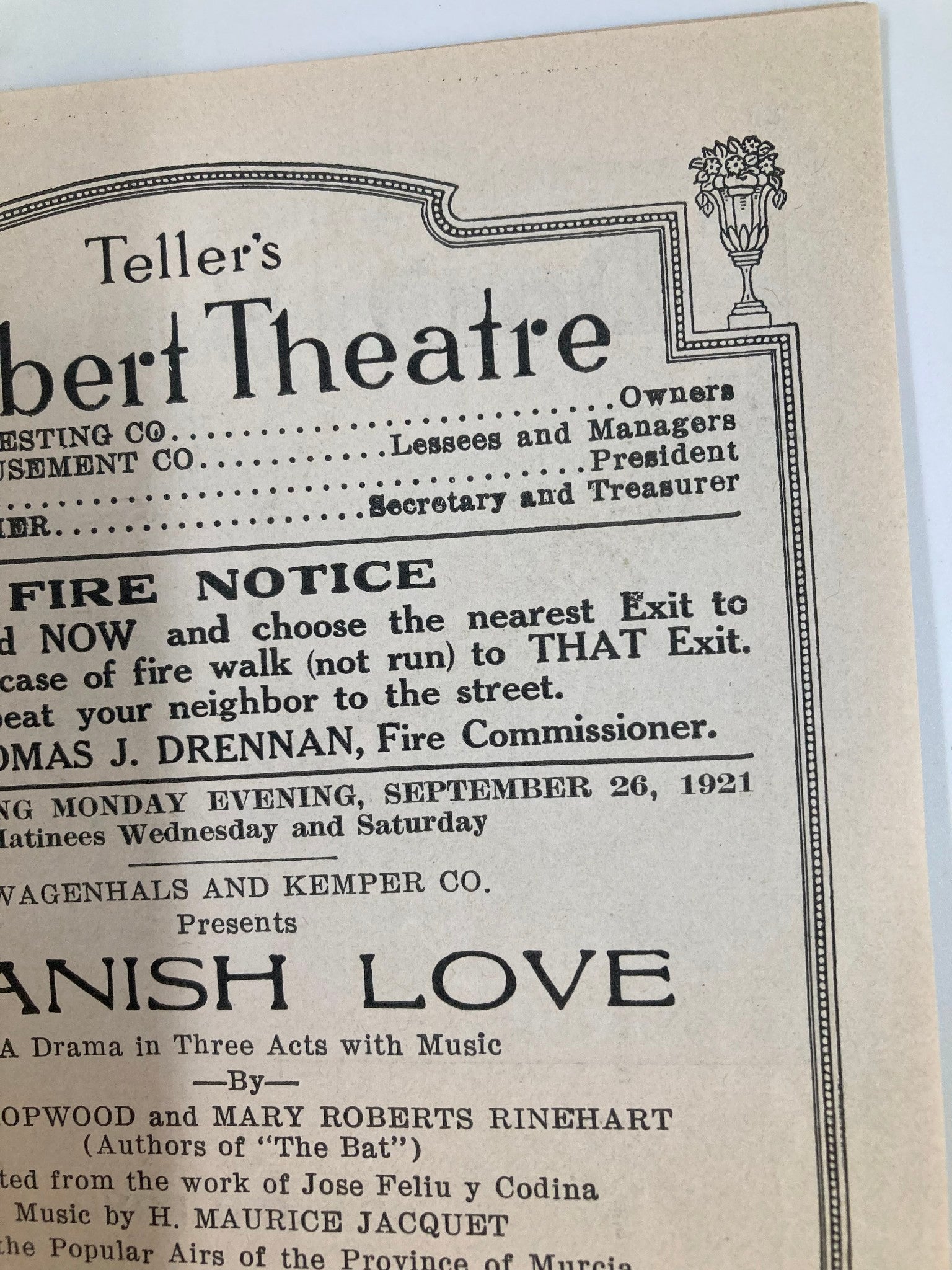 1921 Teller's Shubert Theatre Spanish Love by Avery Hopwood & Mary R. Rineheart