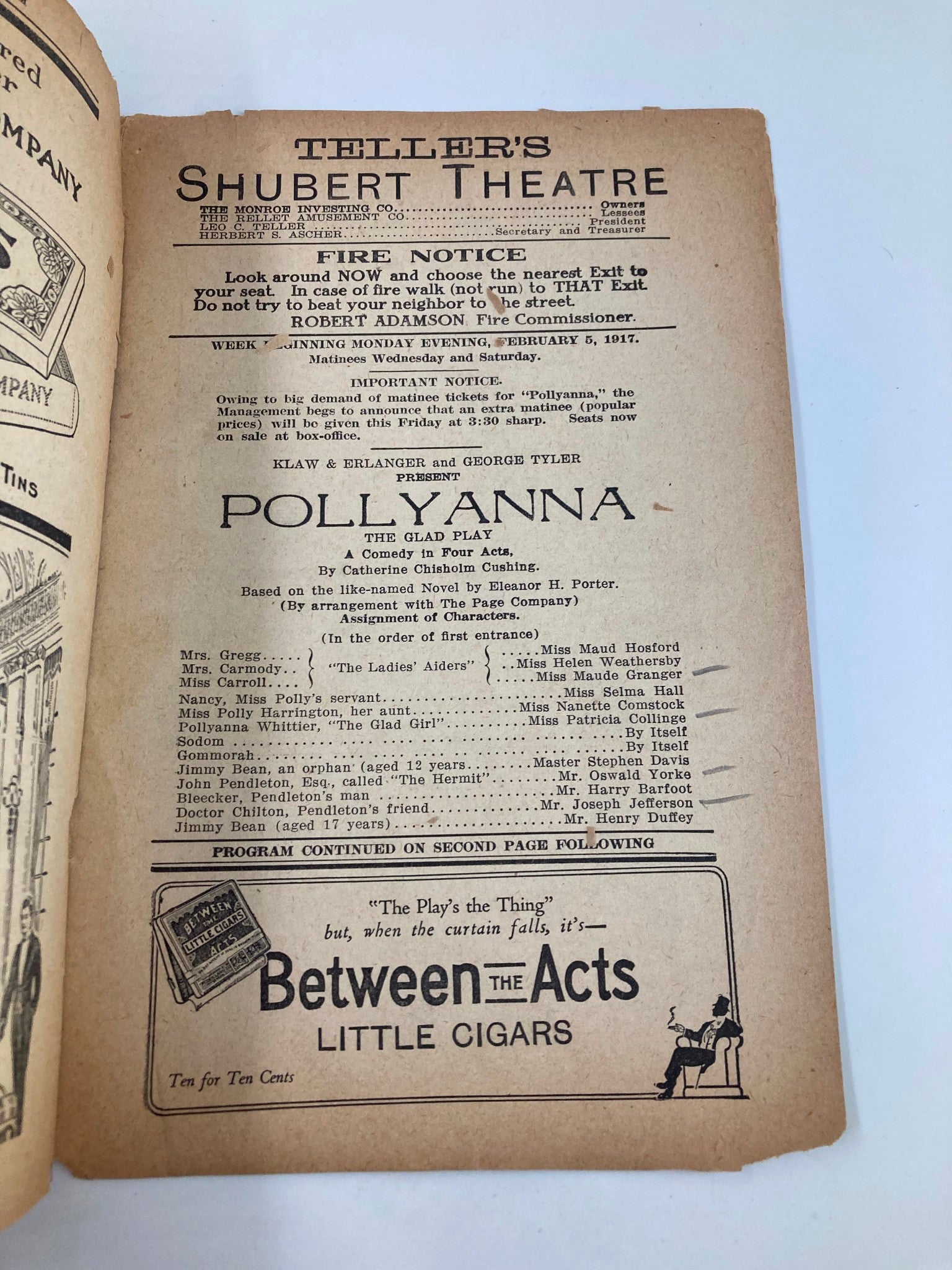 1917 Teller's Shubert Theatre Pollyanna The Glad Play by Catherine C. Cushing