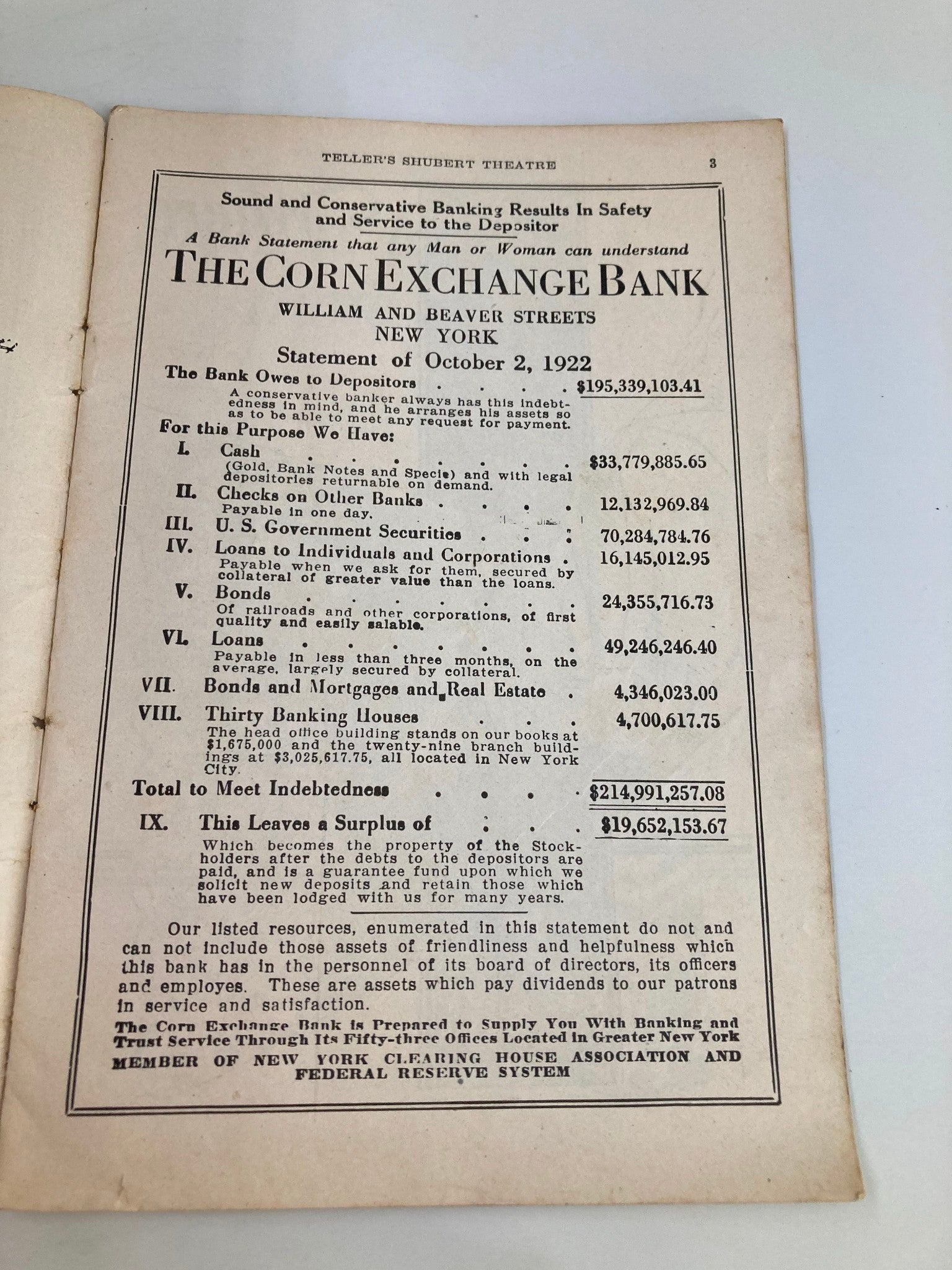 Page from the 1922 Teller's Shubert Theatre Musical Play Marjolaine featuring a bank statement from The Corn Exchange Bank, dated October 2, 1922.