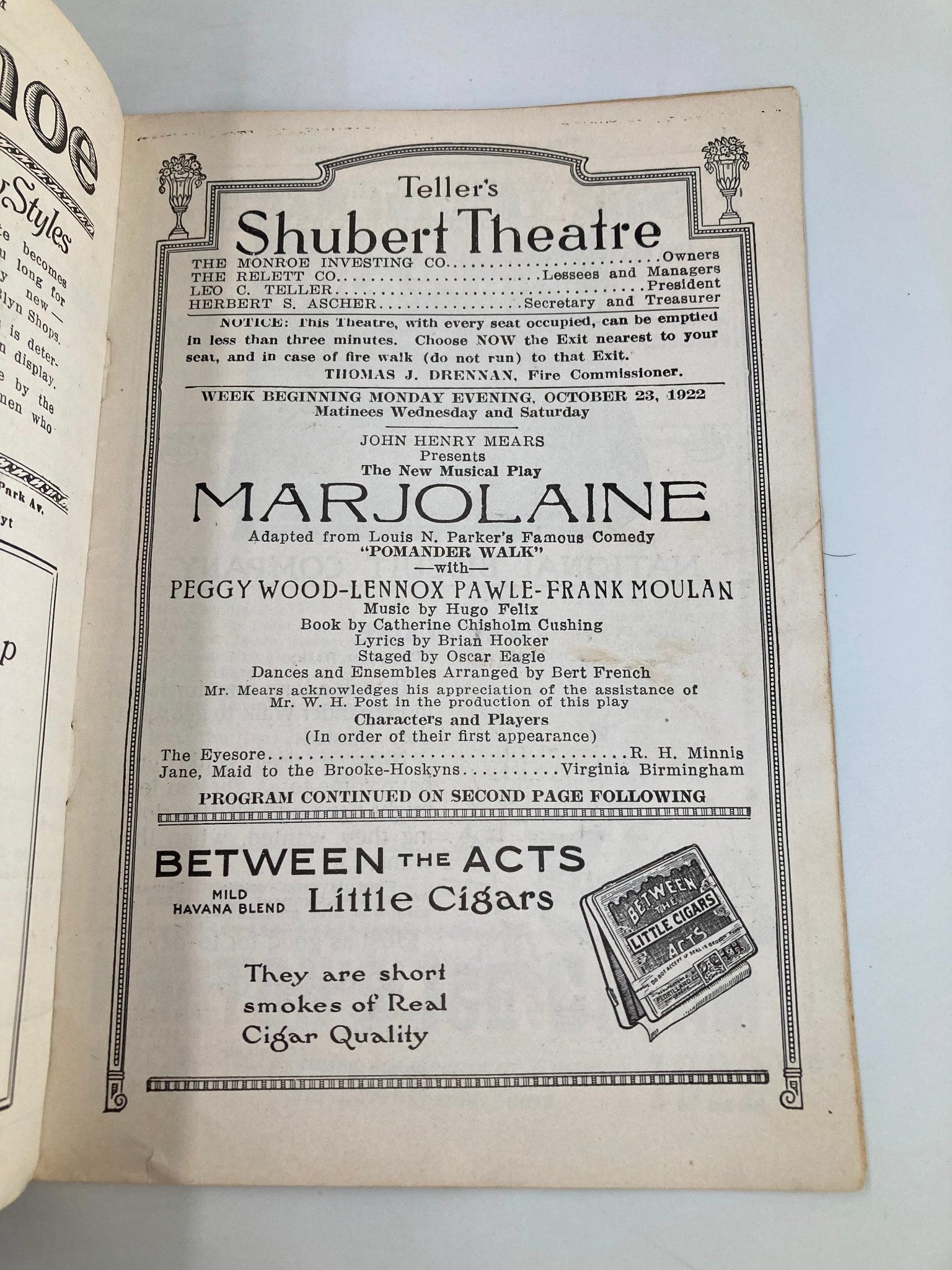 Page from the 1922 Teller's Shubert Theatre Musical Play Marjolaine, displaying information about the play's cast and crew along with promotional content.