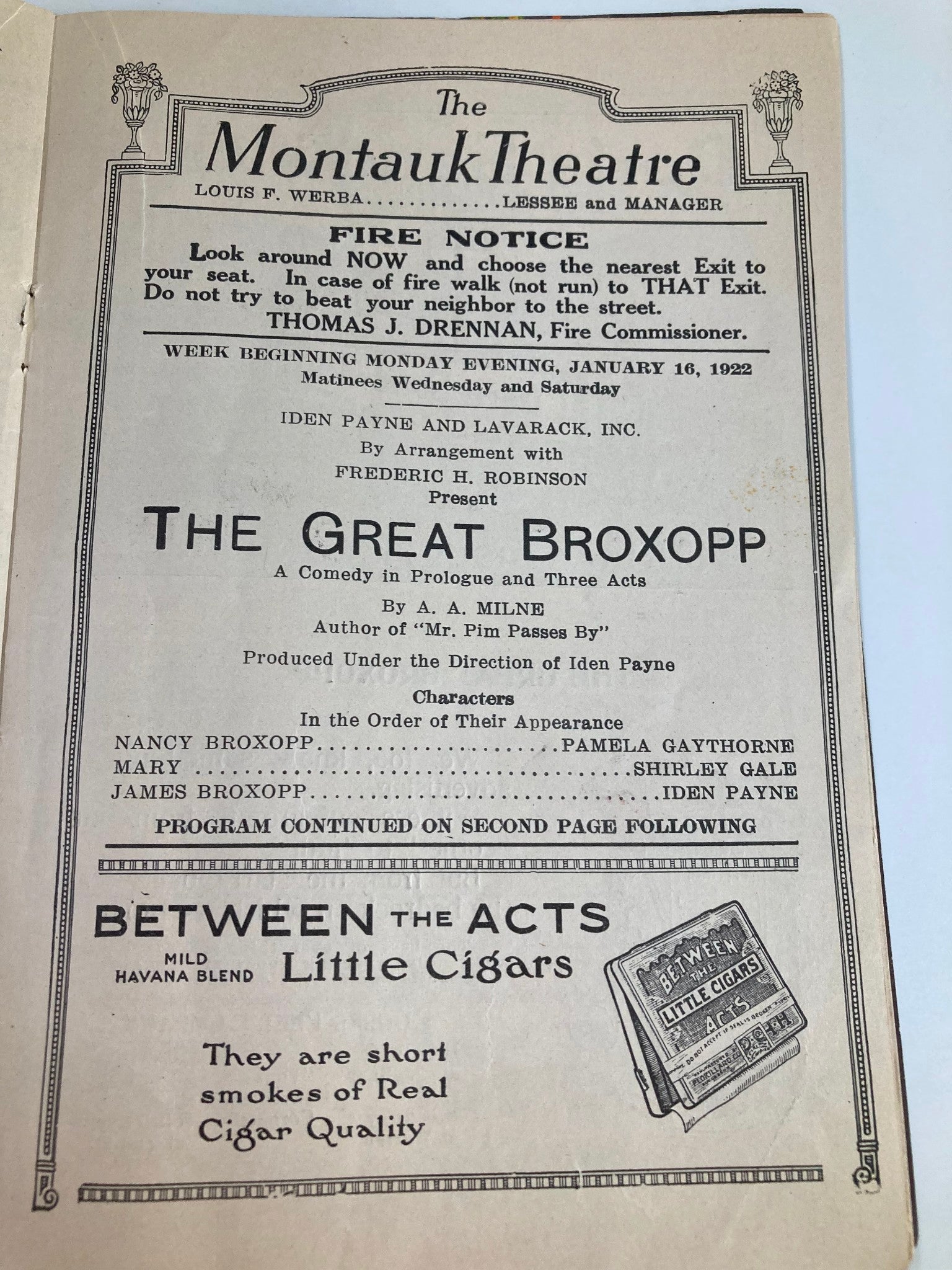 1921 The Montauk Theatre Brooklyn The Great Broxopp by A.A. Milne