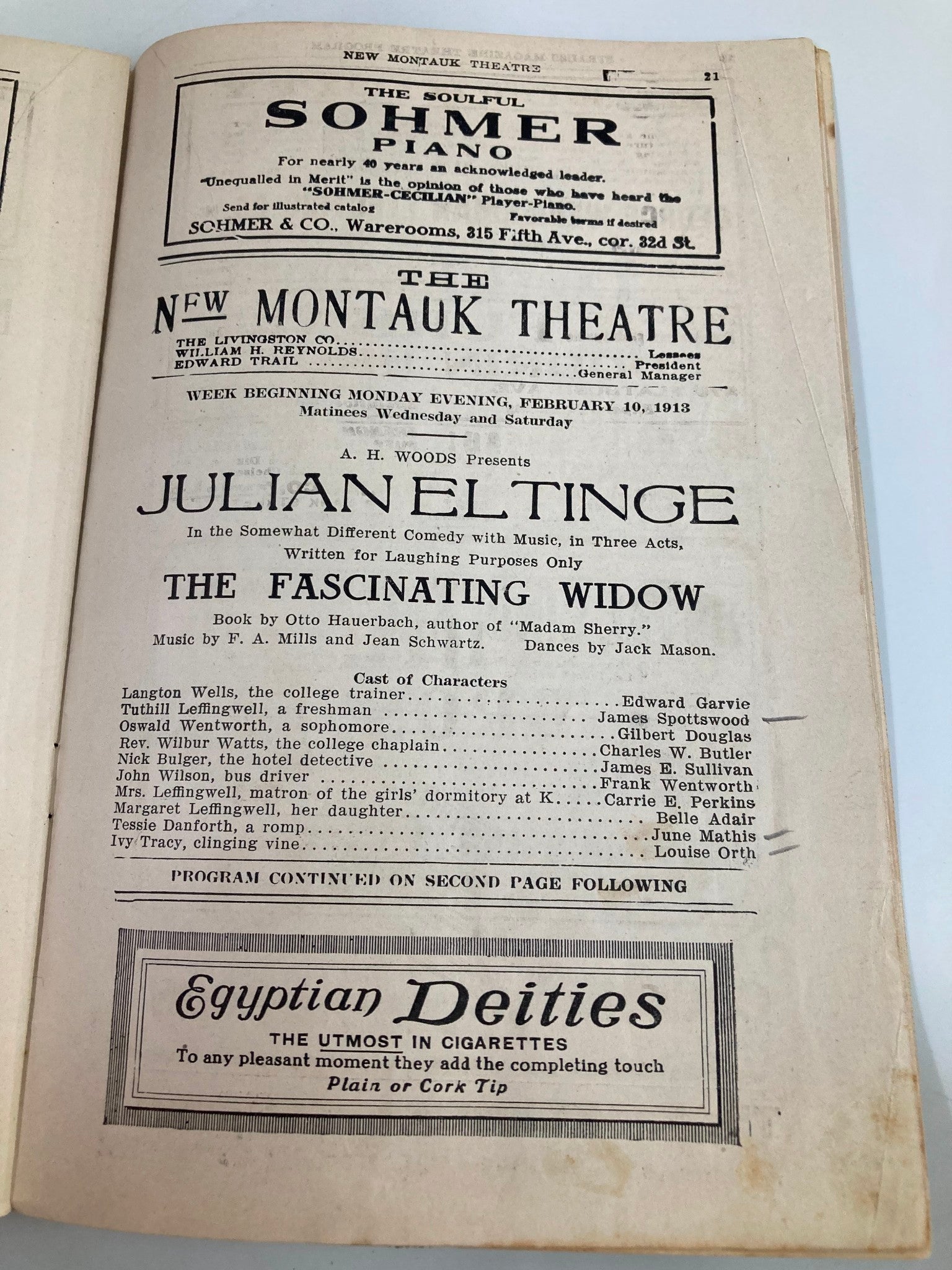 1913 The New Montauk Theatre Brooklyn Julian Eltinge in The Fascinating Widow