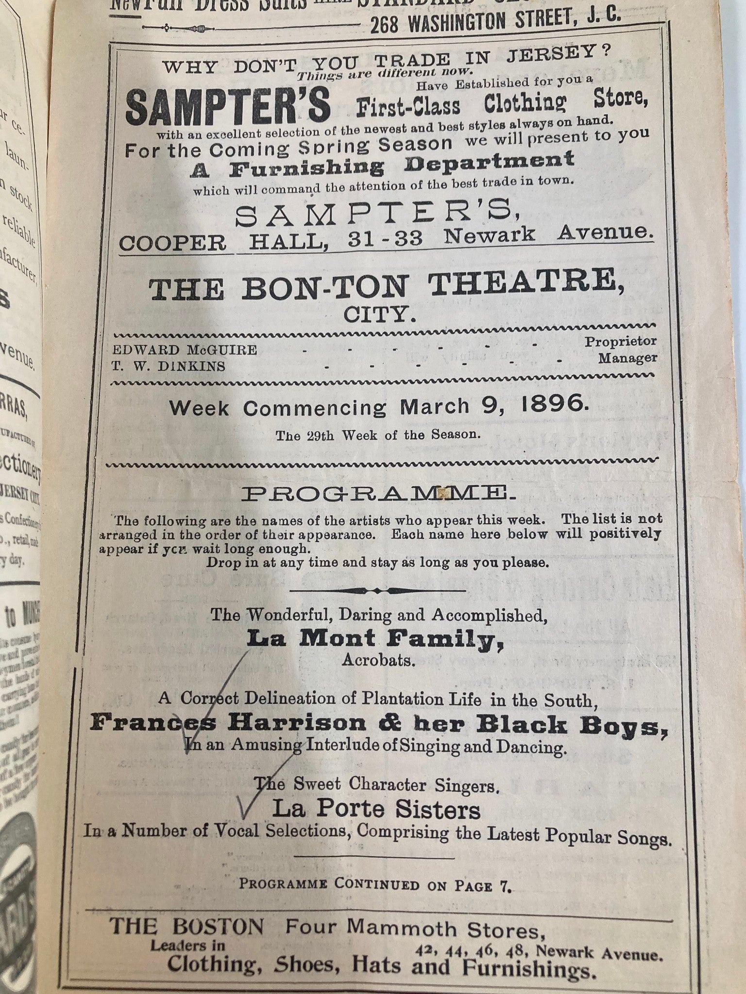 1896 The Bon-Ton Theatre Programme Just Tell Them That You Saw Me