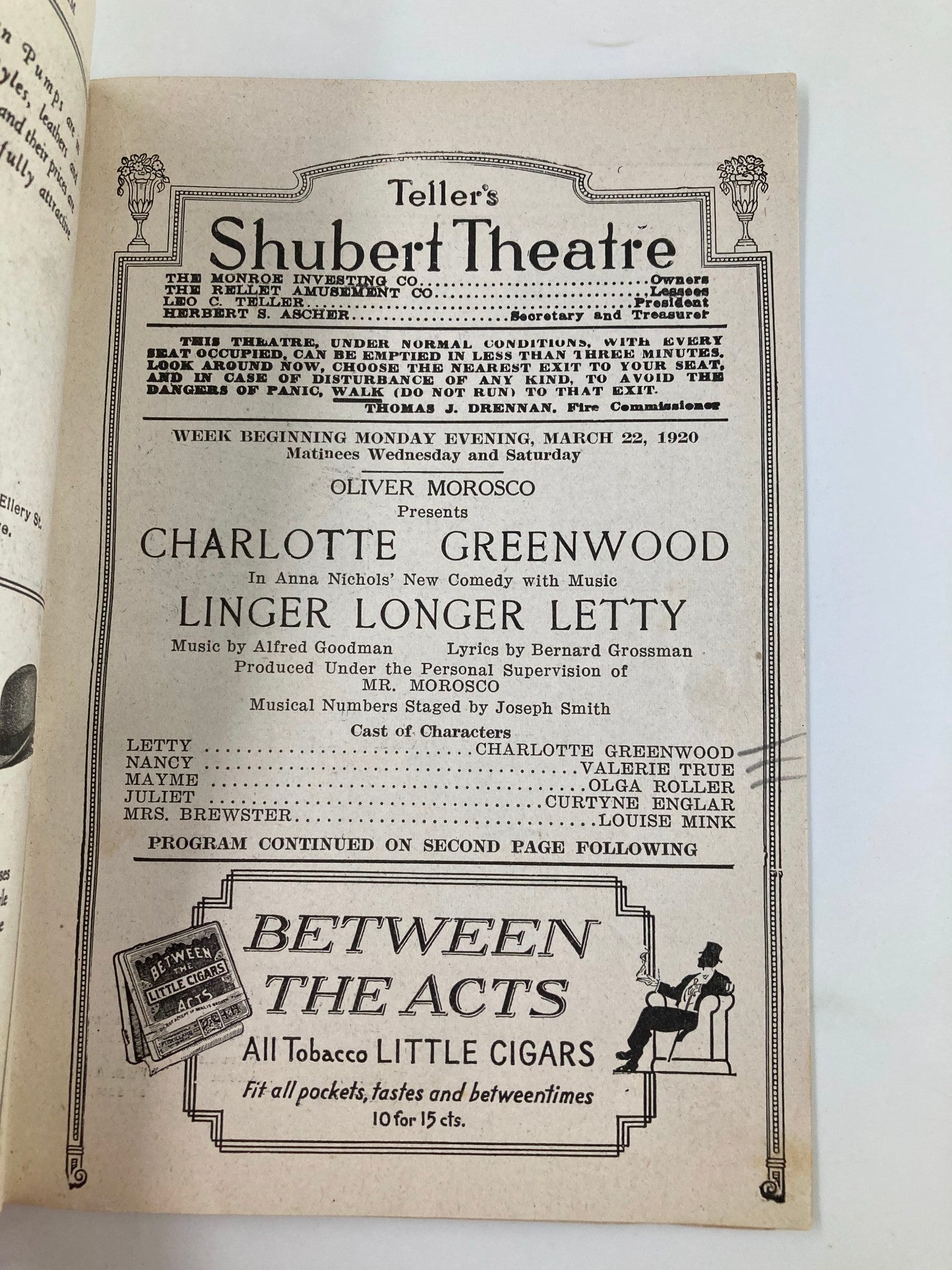 1920 Teller's Shubert Theatre Charlotte Greenwood in Linger Longer Letty