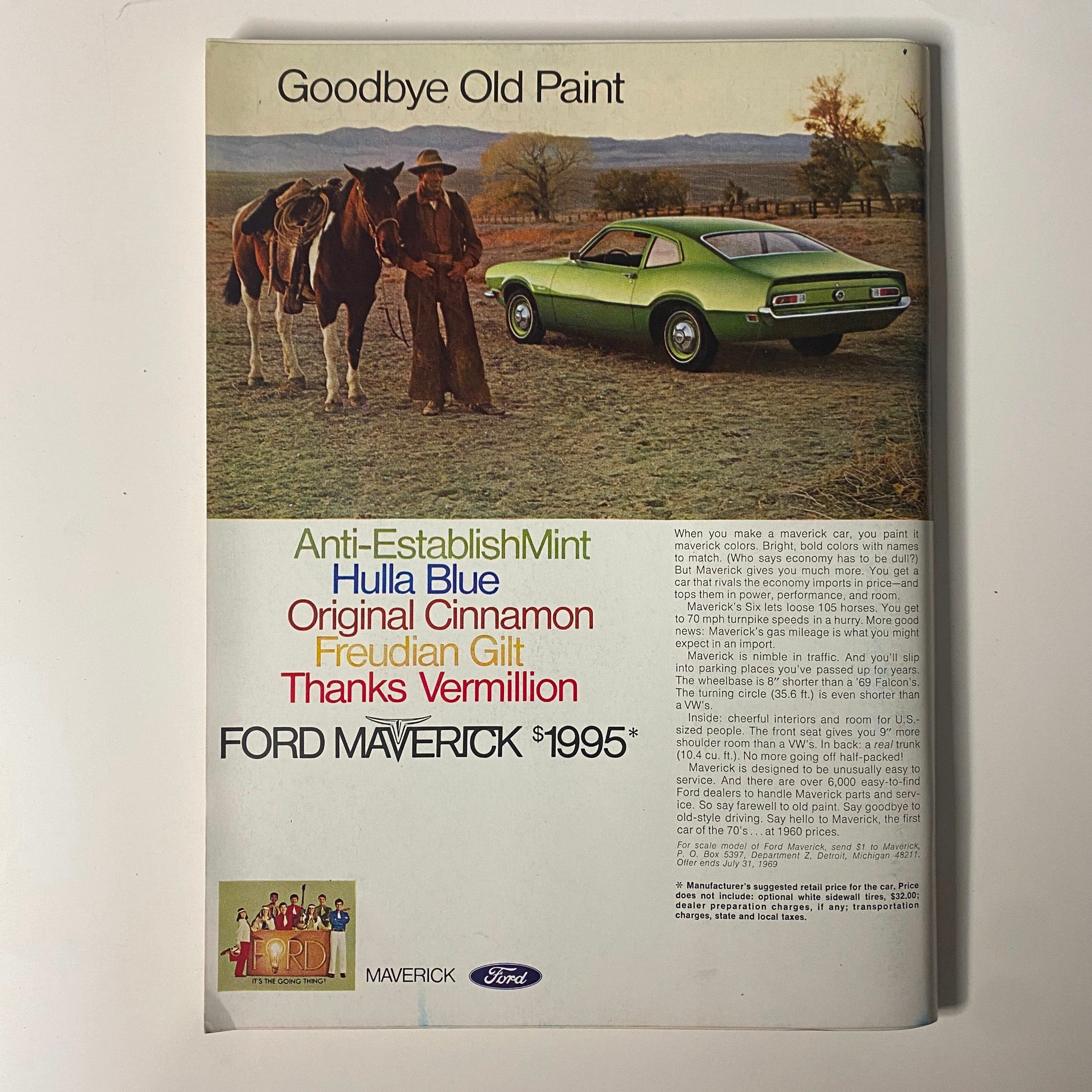 Vintage advertising artwork featuring the Ford Maverick from the June 1969 issue of Playboy Magazine, titled 'Goodbye Old Paint'. The ad showcases the car in bright colors with a scenic background, highlighting the Maverick's appeal with its pricing details and paint color options.