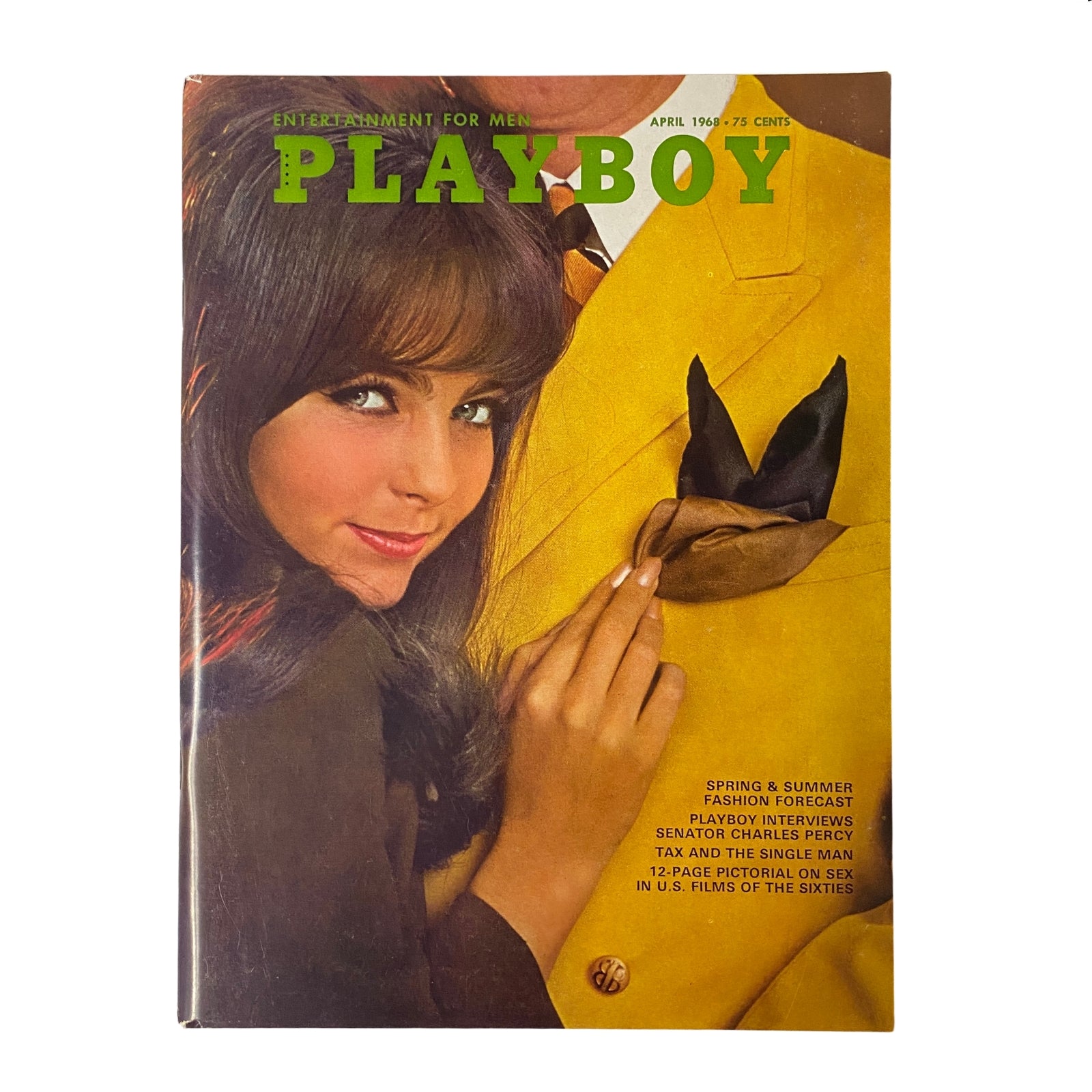 Playboy Magazine April 1968 featuring Gaye Rennie as Playmate of the Month, showcasing a vibrant cover with a woman smiling beside a man in a yellow suit, highlighting iconic 60s fashion.